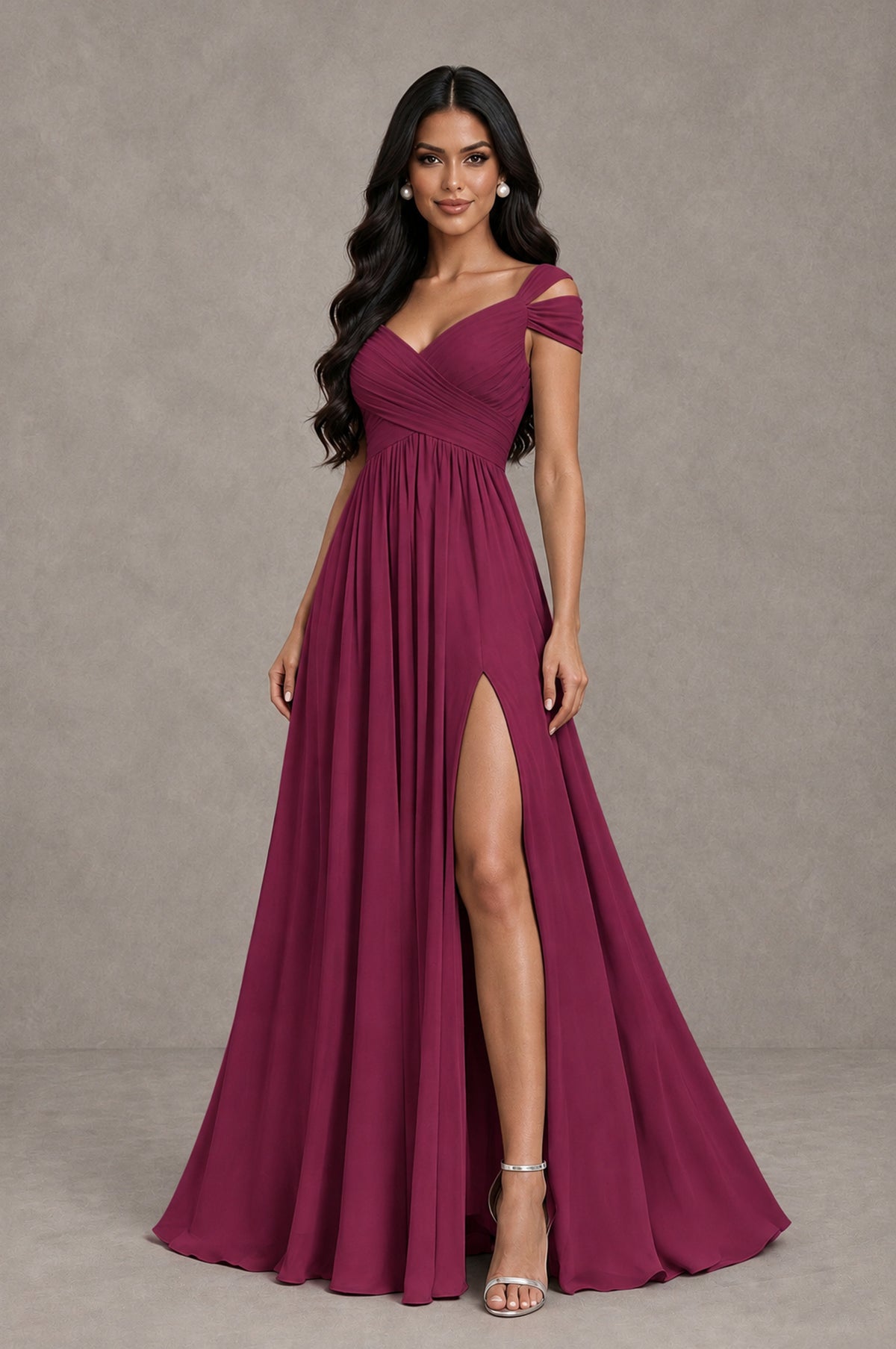 BOLODOO Desert Rose Cold Shoulder Chiffon Evening Dress with V Neck and High Slit - Desert Rose - Desert Rose_3