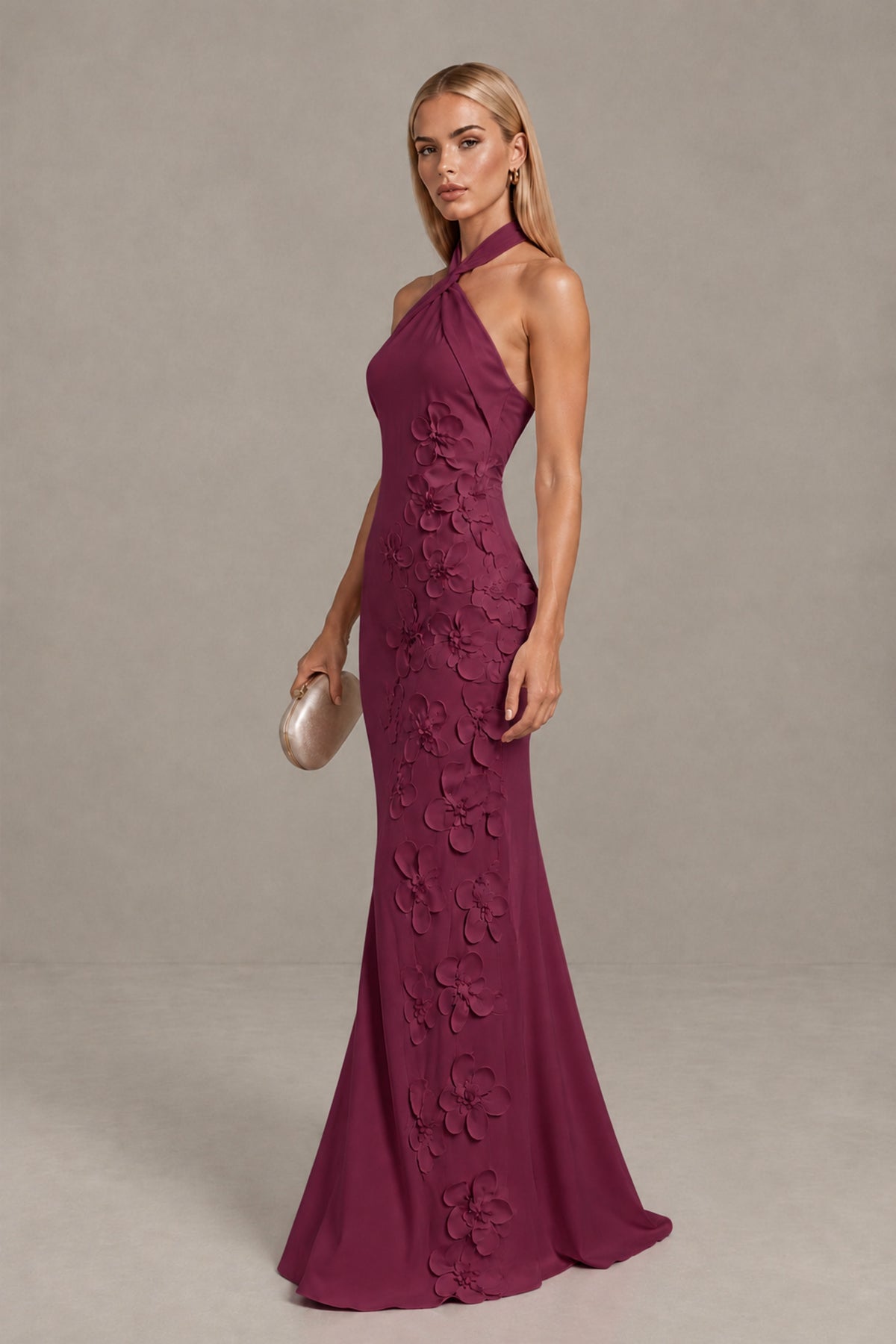 BOLODOO Desert Rose Cross Halter Neck 3D Floral Appliqué Backless Mermaid Maxi Gown - Desert Rose - Desert_Rose_3