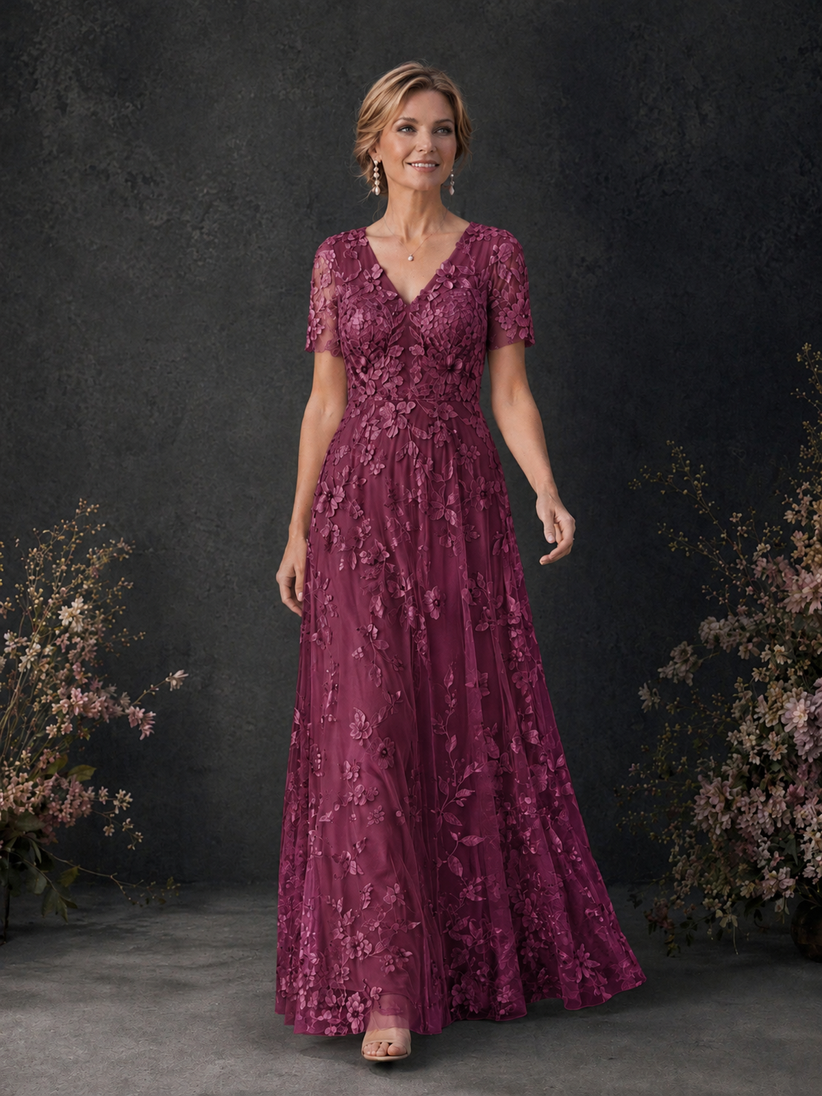 BOLODOO Desert Rose 3D Floral Embroidered Lace V-Neck Short Sleeve A-Line Maxi Dress - Desert Rose