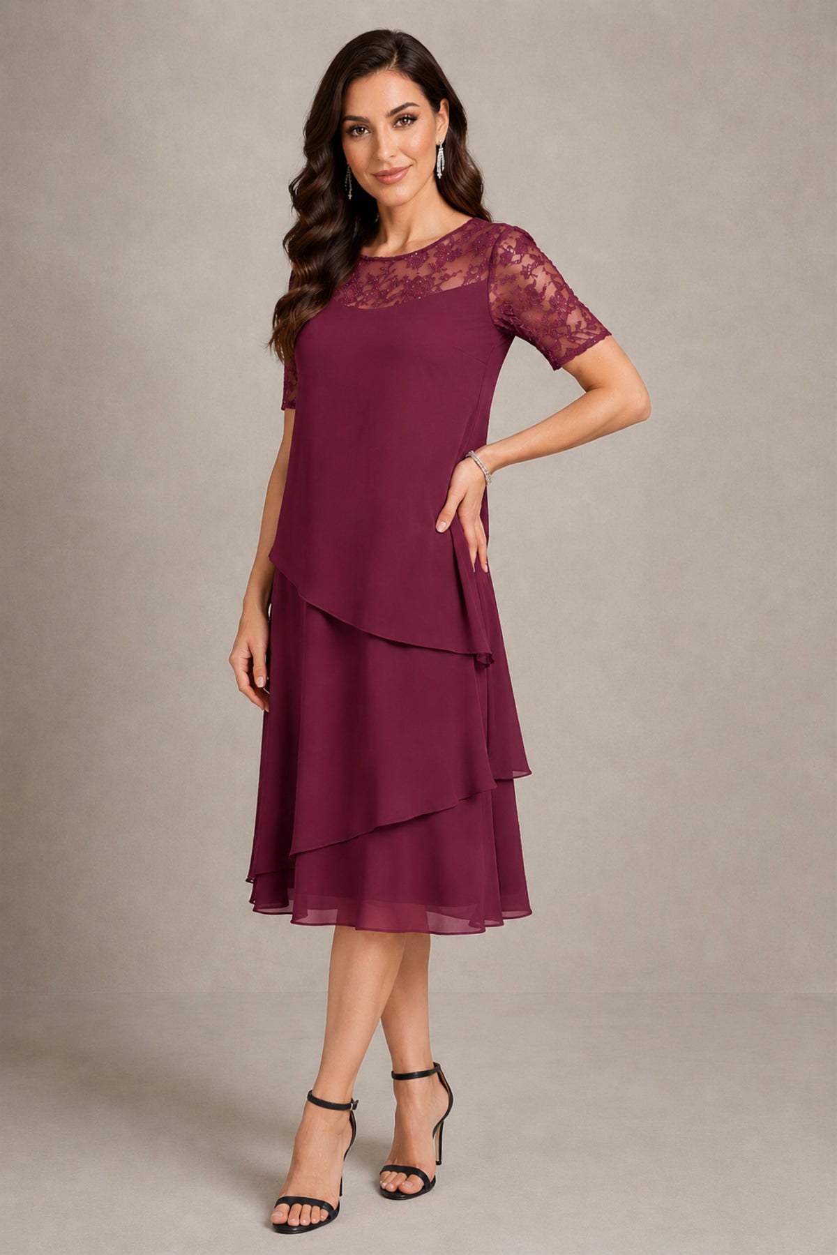BOLODOO Desert Rose Illusion Lace Short Sleeve Tiered Chiffon Tea Length Dress | Mother of the Bride Midi Dress - Desert Rose