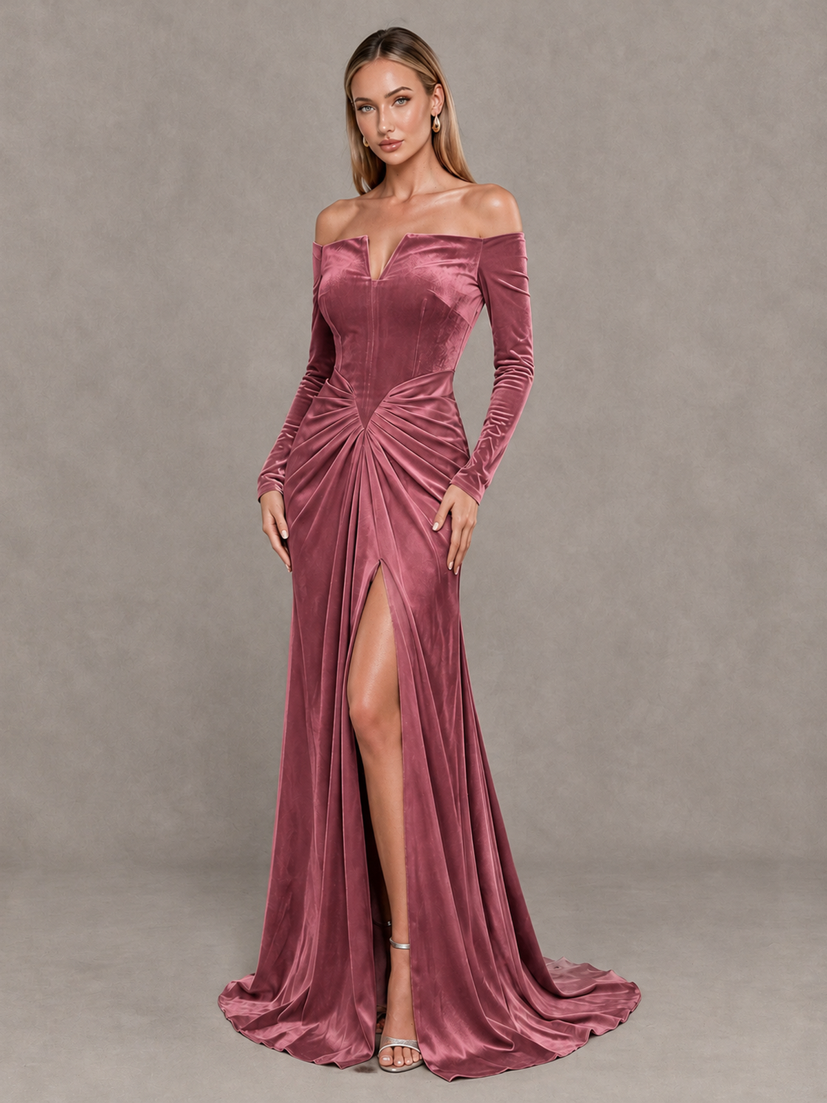 BOLODOO Desert Rose Off-Shoulder Velvet Evening Gown with High Slit - Desert Rose - Desert Rose_3