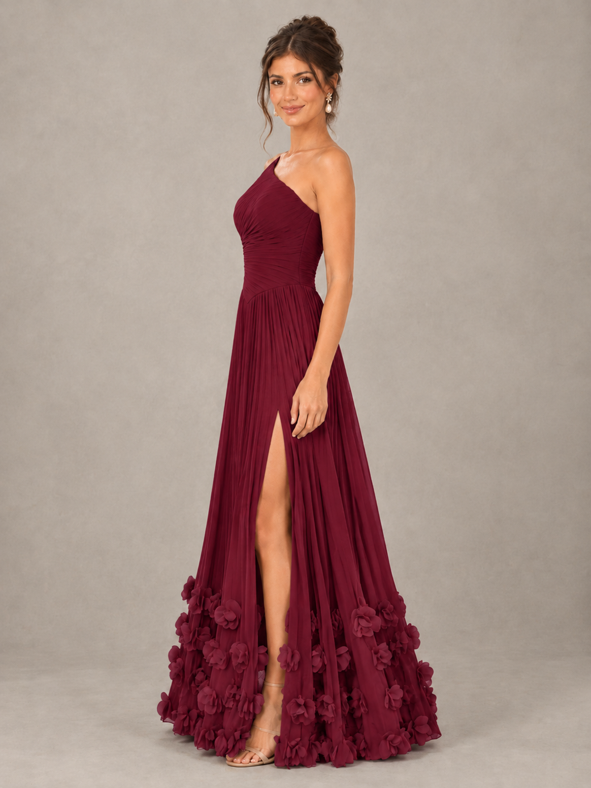 BOLODOO Desert Rose One-Shoulder Pleated Bridesmaid Dress with 3D Floral Hem - Desert Rose - Desert Rose_3