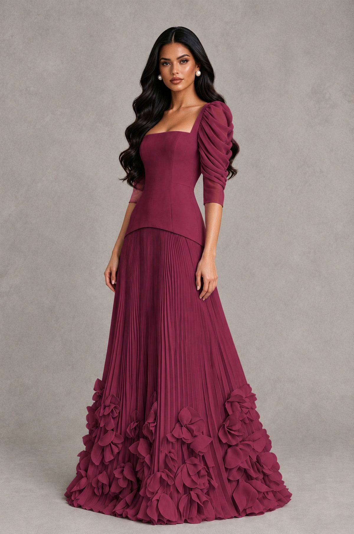 BOLODOO Desert Rose Square Neck Pleated Floral Applique Evening Dress - Desert Rose - Desert Rose_3