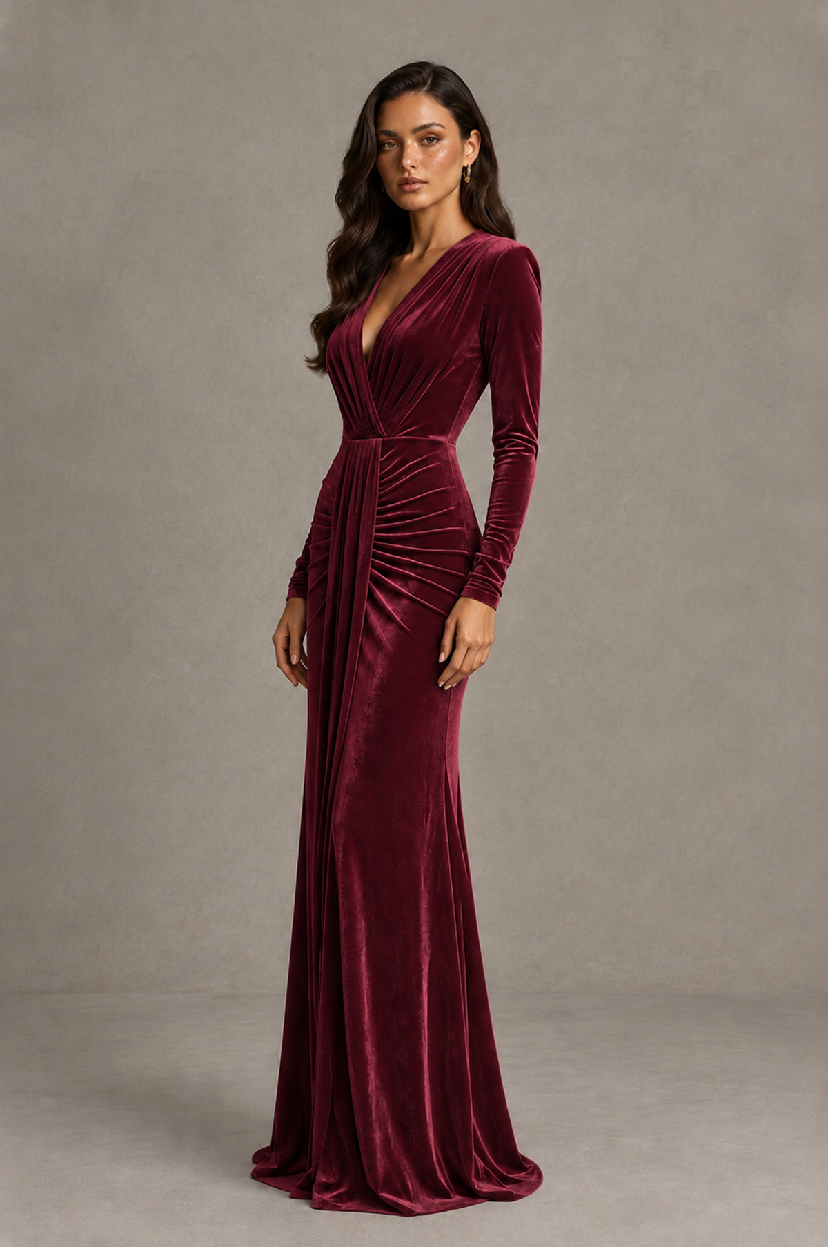 BOLODOO Desert Rose Velvet Long Sleeve V-Neck Ruched Evening Gown - Desert Rose