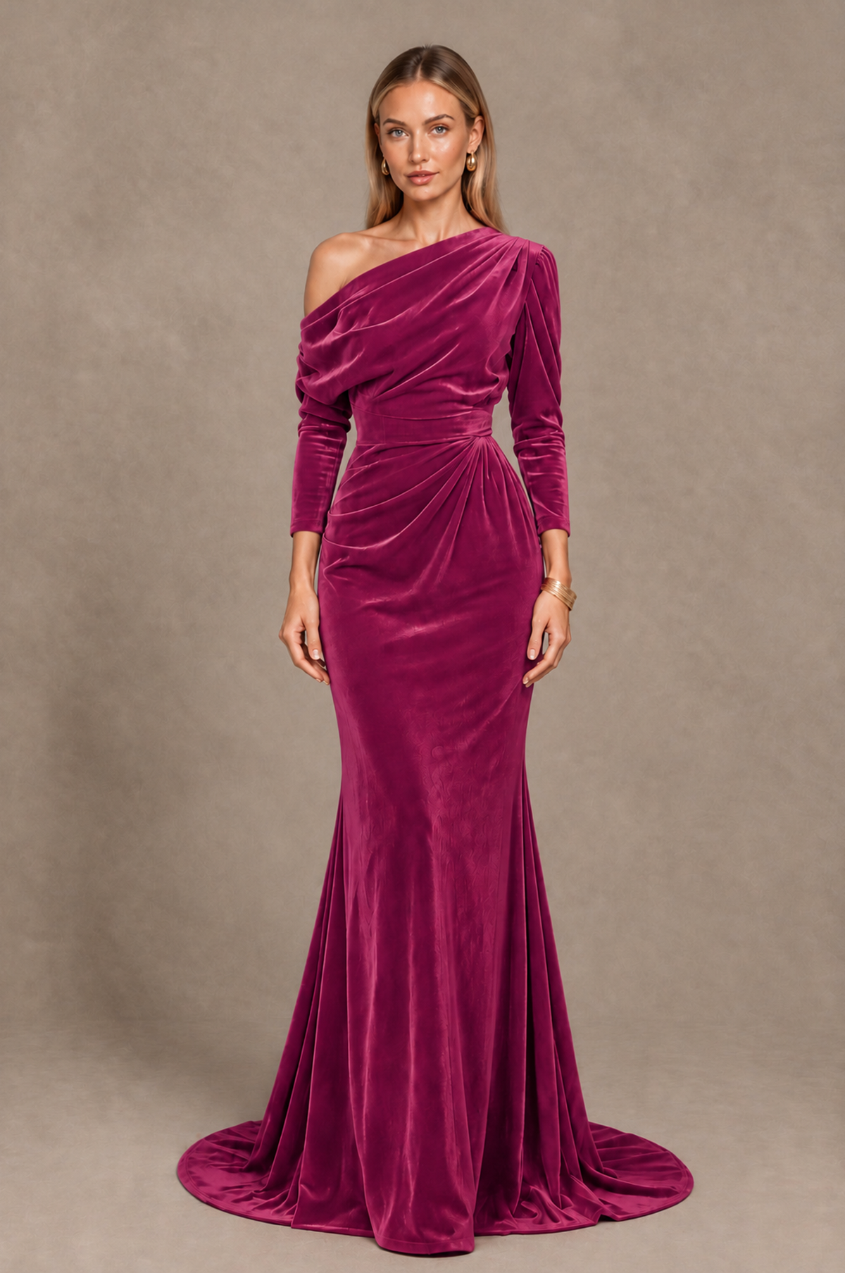 BOLODOO Desert Rose Velvet Asymmetric Neck Mermaid Evening Dress - Desert Rose - Desert_Rose_3