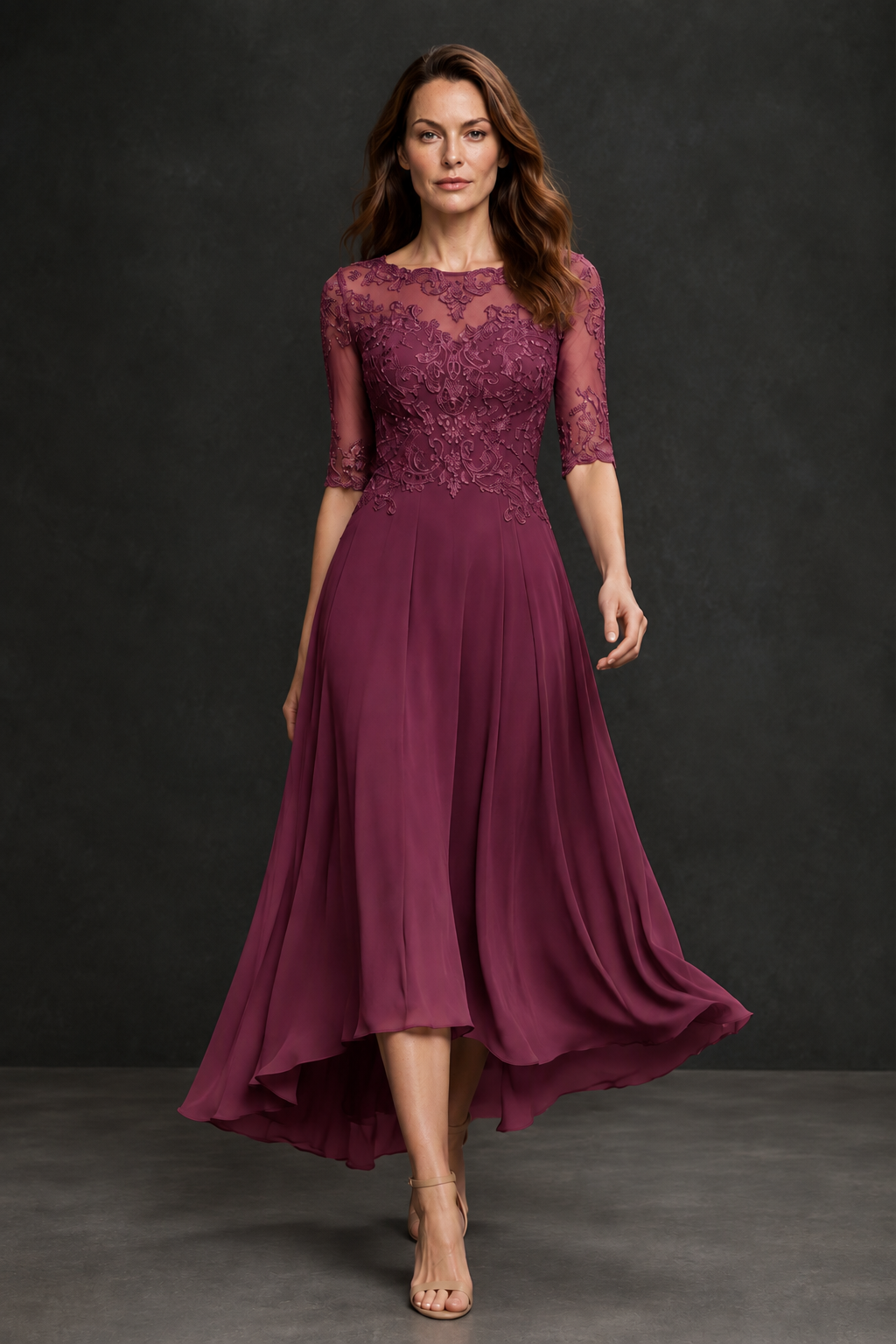 BOLODOO Desert Rose Illusion Lace 3/4 Sleeve Hi-Lo Chiffon A-Line Dress | Mother of the Bride Tea Length Dress - Desert Rose