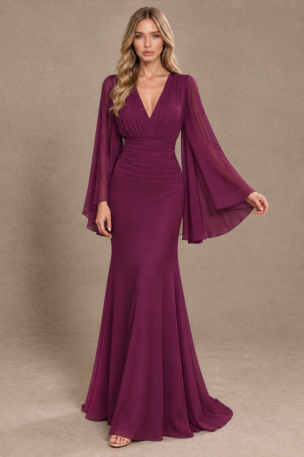 BOLODOO Desert Rose Cape Sleeve V-Neck Ruched Chiffon Evening Dress - Desert Rose - Desert_Rose_3
