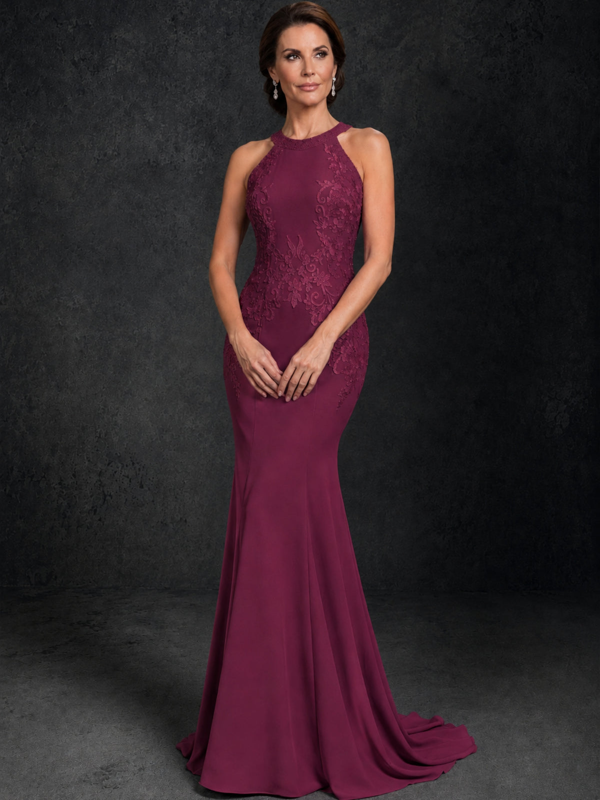 BOLODOO Desert Rose Lace Applique Halter Neck Sheer Back Mermaid Maxi Dress with Sweep Train - Desert Rose
