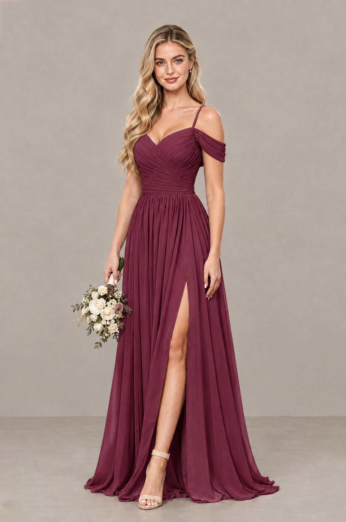 BOLODOO Desert Rose Off-Shoulder Bridesmaid Dress with Slit - Desert Rose
