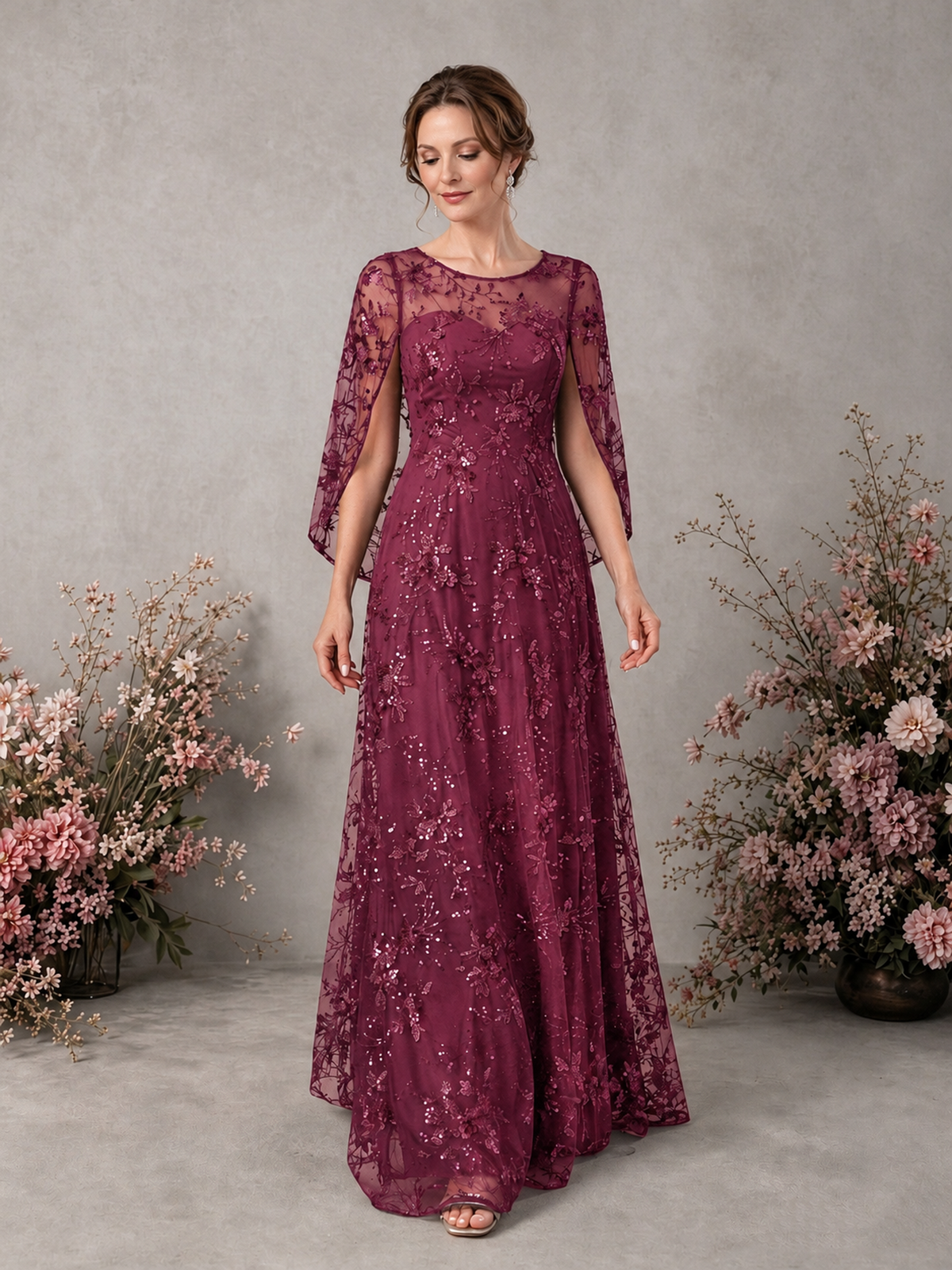 BOLODOO Desert Rose Sequin Lace Cape Sleeve Formal Evening Gown - Desert Rose - Desert Rose_3