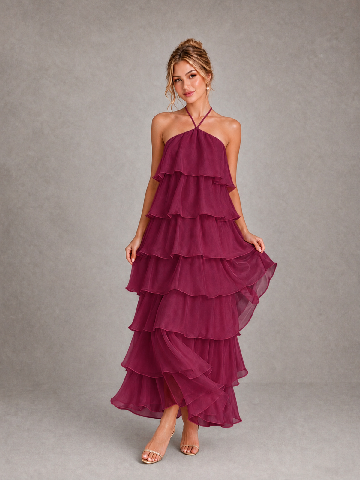 BOLODOO Desert Rose Halter Tiered Ruffle Maxi Bridesmaid Dress - Desert Rose - Desert Rose_3