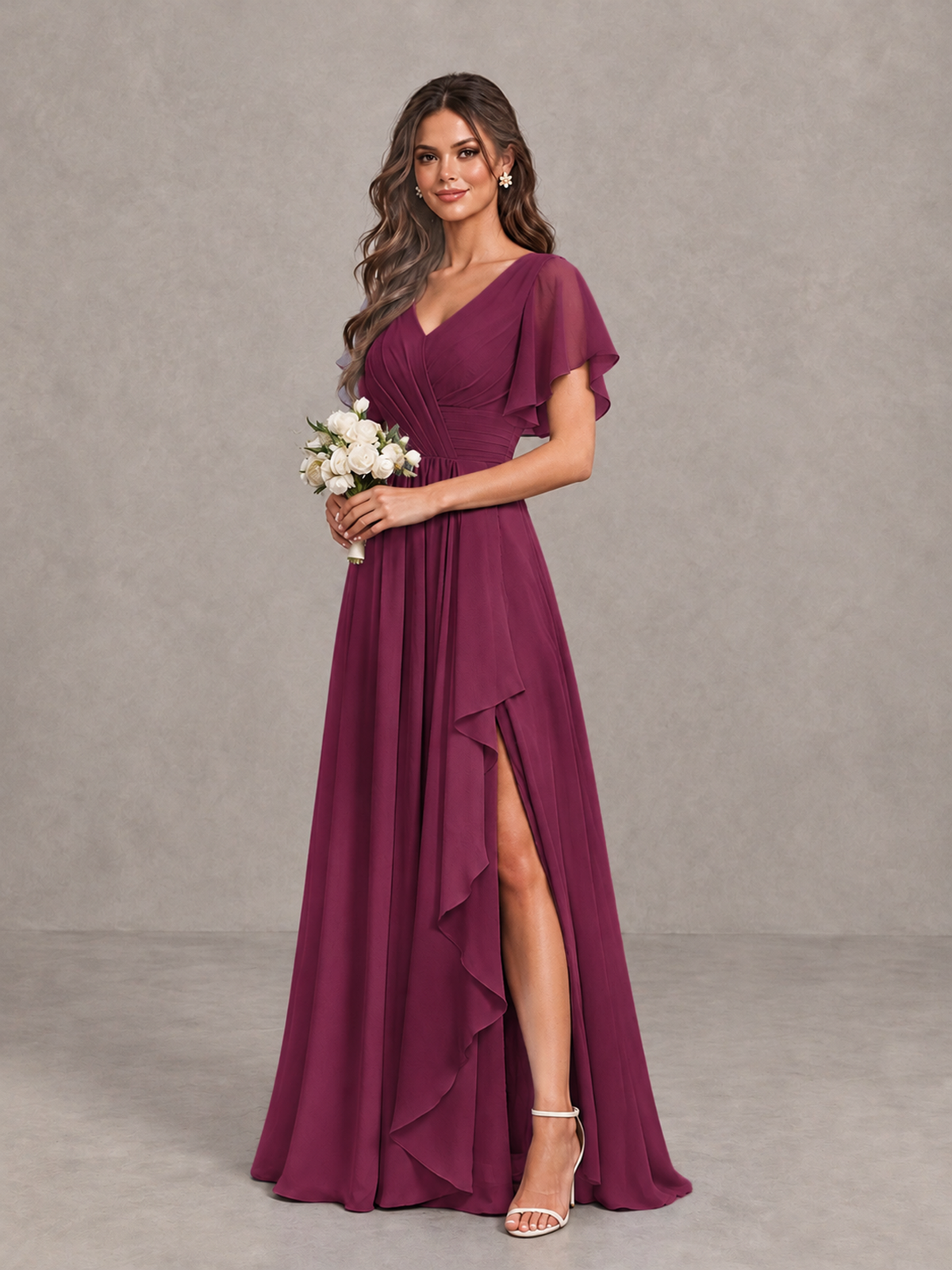 BOLODOO Desert Rose Flutter Sleeve V-Neck Bridesmaid Dress with Ruffle Slit - Desert Rose - Desert Rose_3