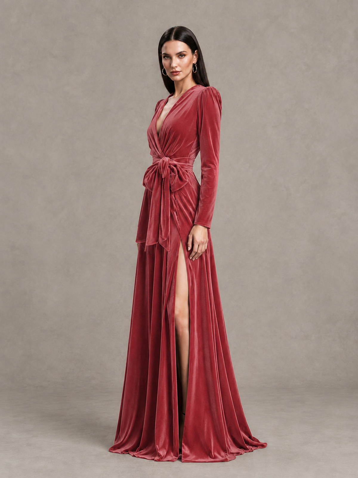 BOLODOO Desert Rose Long Sleeve Velvet-Look Evening Dress with High Slit - Desert Rose - Desert Rose_3