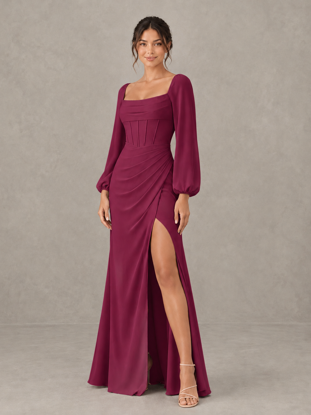 BOLODOO Desert Rose Square Neck Long Sleeve Bridesmaid Dress with High Slit - Desert Rose - Desert Rose_3