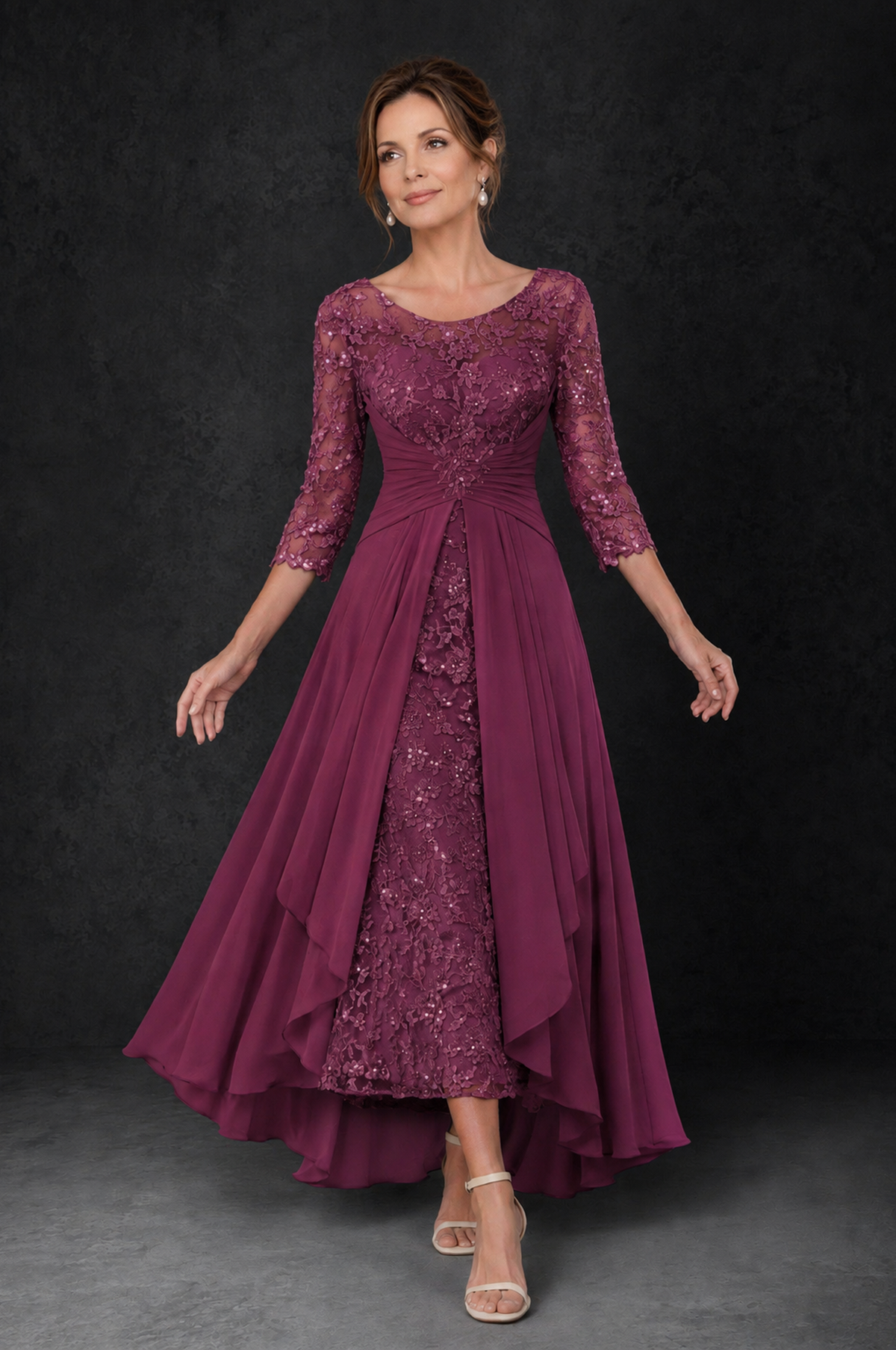 BOLODOO Desert Rose Sequin Lace & Chiffon Tea-Length Mother of the Bride Dress with 3/4 Sleeves - Desert Rose