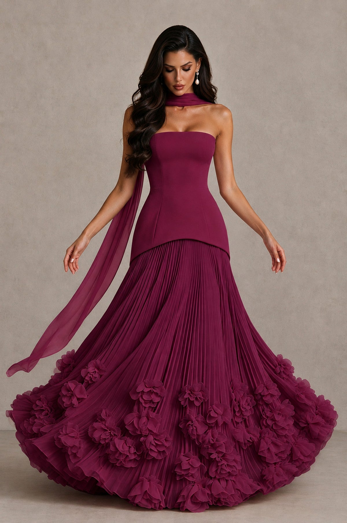 BOLODOO Desert Rose Strapless Pleated Floral Hem Evening Gown - Desert Rose - Desert Rose_3