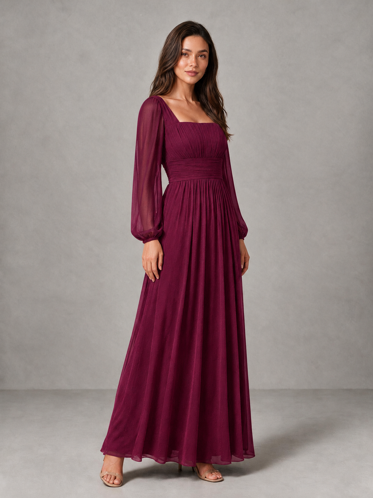 BOLODOO Desert Rose Square Neck Long Sleeve Chiffon Bridesmaid Dress - Desert Rose - Desert Rose_3