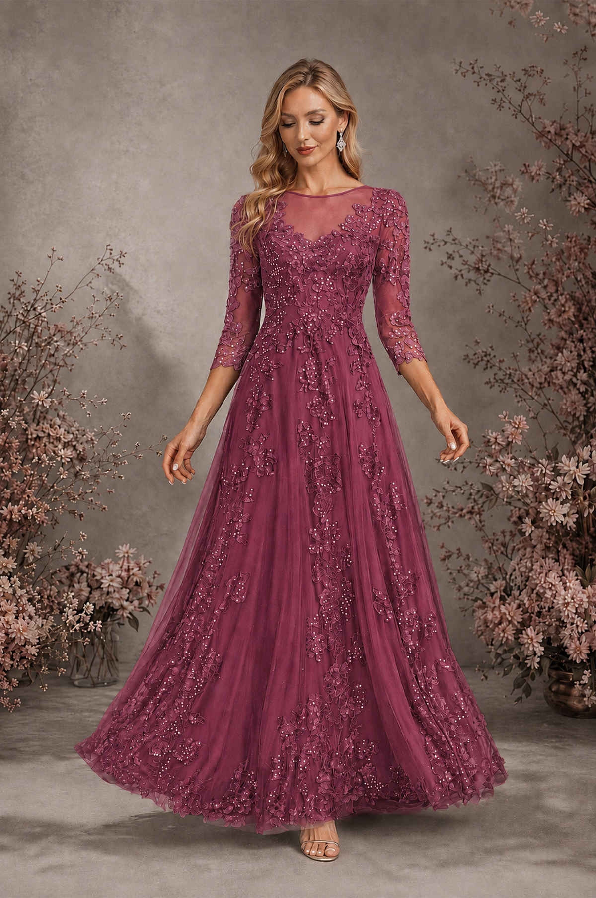 BOLODOO Desert Rose Sequin Lace 3/4 Sleeve Open Back Formal Evening Gown - Desert Rose