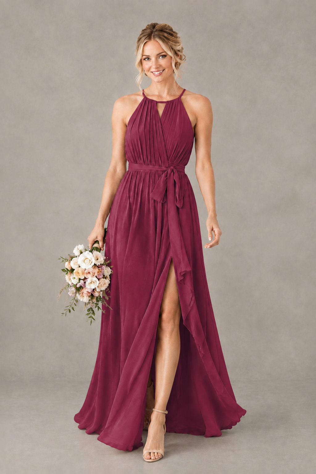 BOLODOO Desert Rose Halter Chiffon Bridesmaid Dress with High Slit - Desert Rose