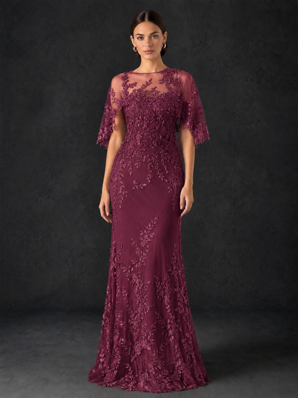 BOLODOO Mocha Desert Rose Botanical Lace Flutter Sleeve Mermaid Gown - Desert Rose