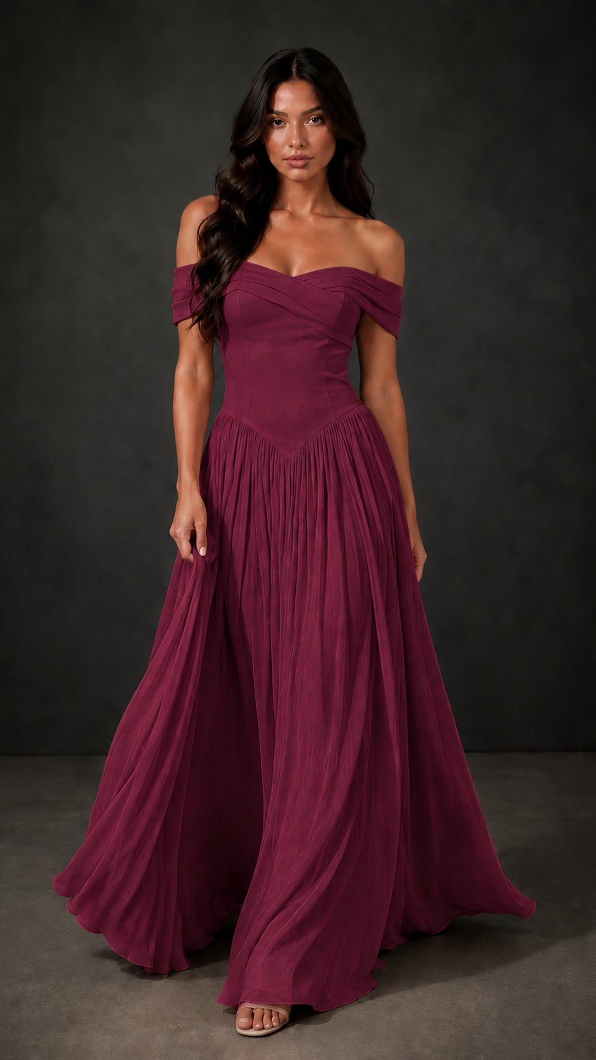 BOLODOO Desert Rose Off-Shoulder Sweetheart Corset Pleated Chiffon Maxi Dress - Desert Rose