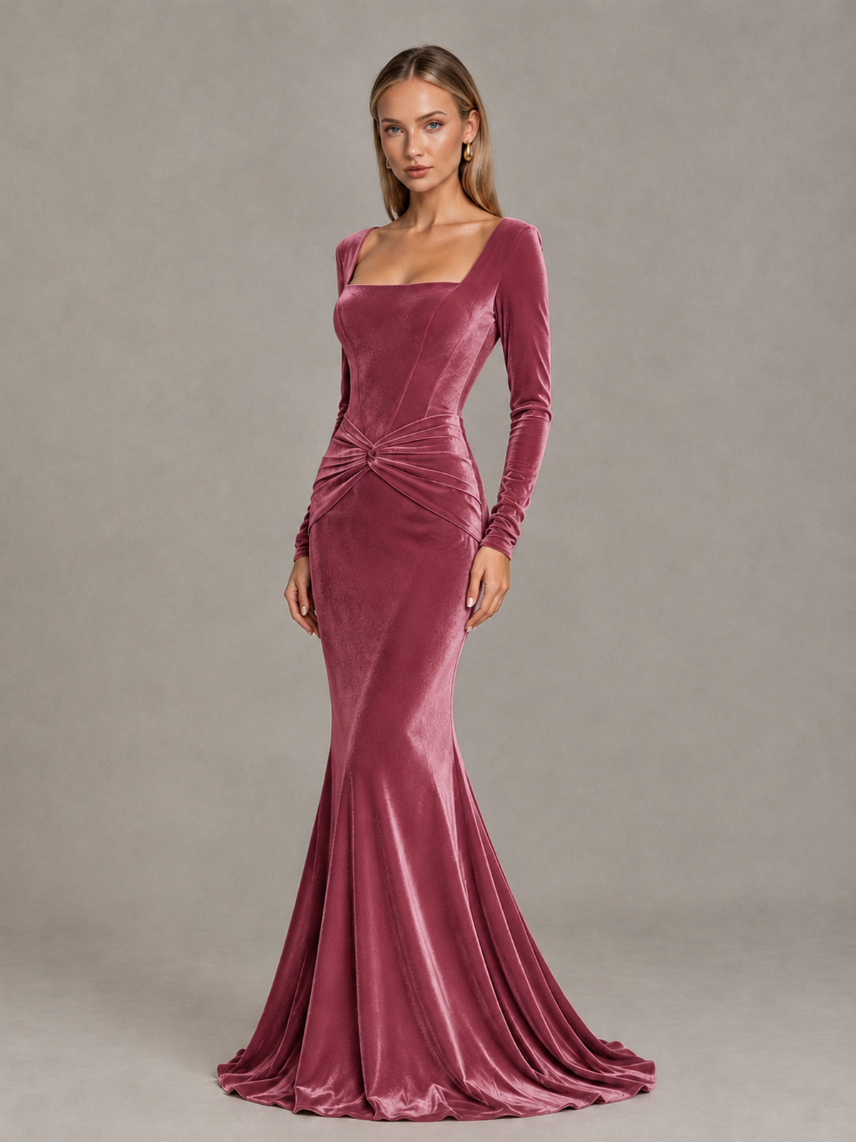 BOLODOO Desert Rose Velvet-Look Square Neck Long Sleeve Mermaid Evening Dress - Desert Rose - Desert Rose_3