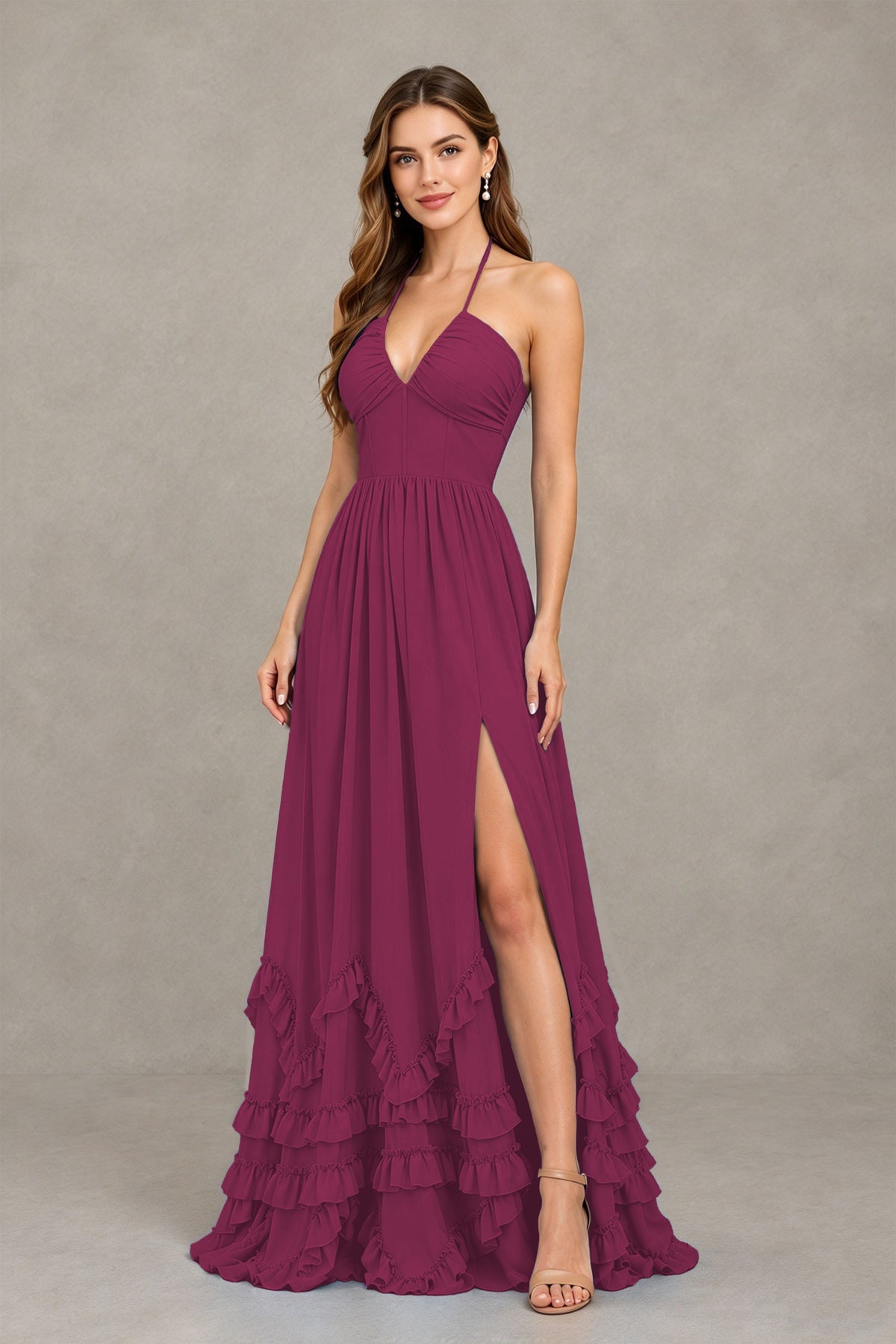 BOLODOO Desert Rose Halter Ruffle Hem A-Line Bridesmaid Dress with High Slit - Desert Rose - Desert Rose(3)
