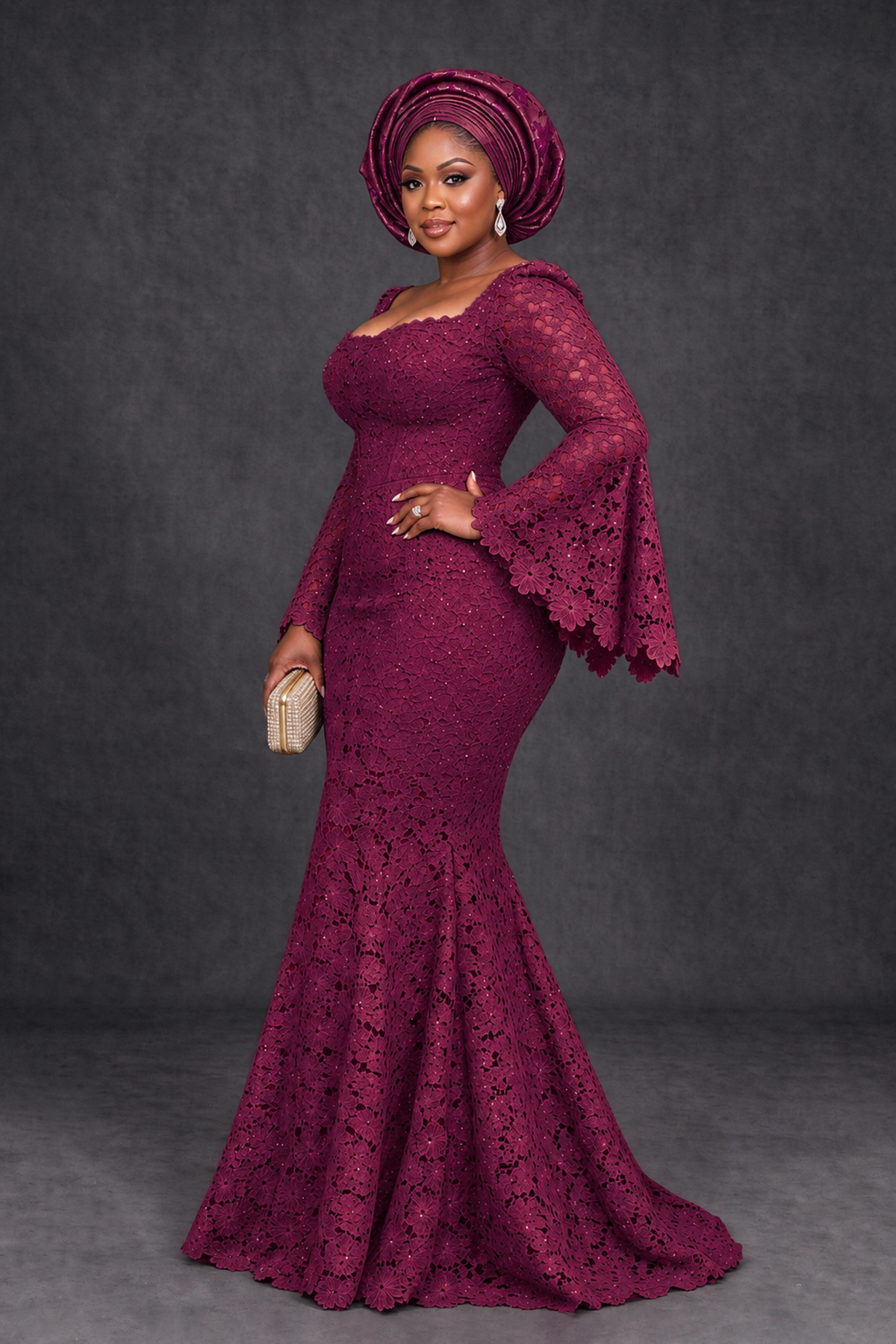 BOLODOO Desert Rose African Lace Mermaid Dress, Plus Size Nigerian Wedding Guest Gown with Bell Sleeves - Desert Rose - Desert Rose_3
