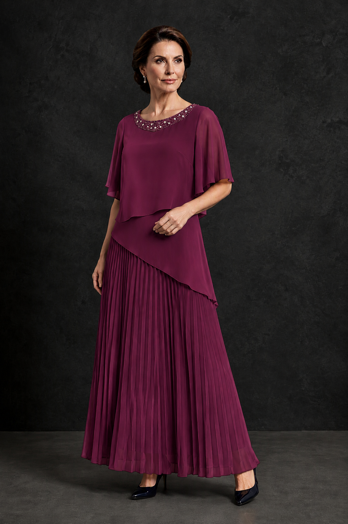 BOLODOO Desert Rose Pearl Beaded Neck Asymmetric Tiered Flutter Sleeve Pleated Chiffon Maxi Dress - Desert Rose - Desert_Rose_3