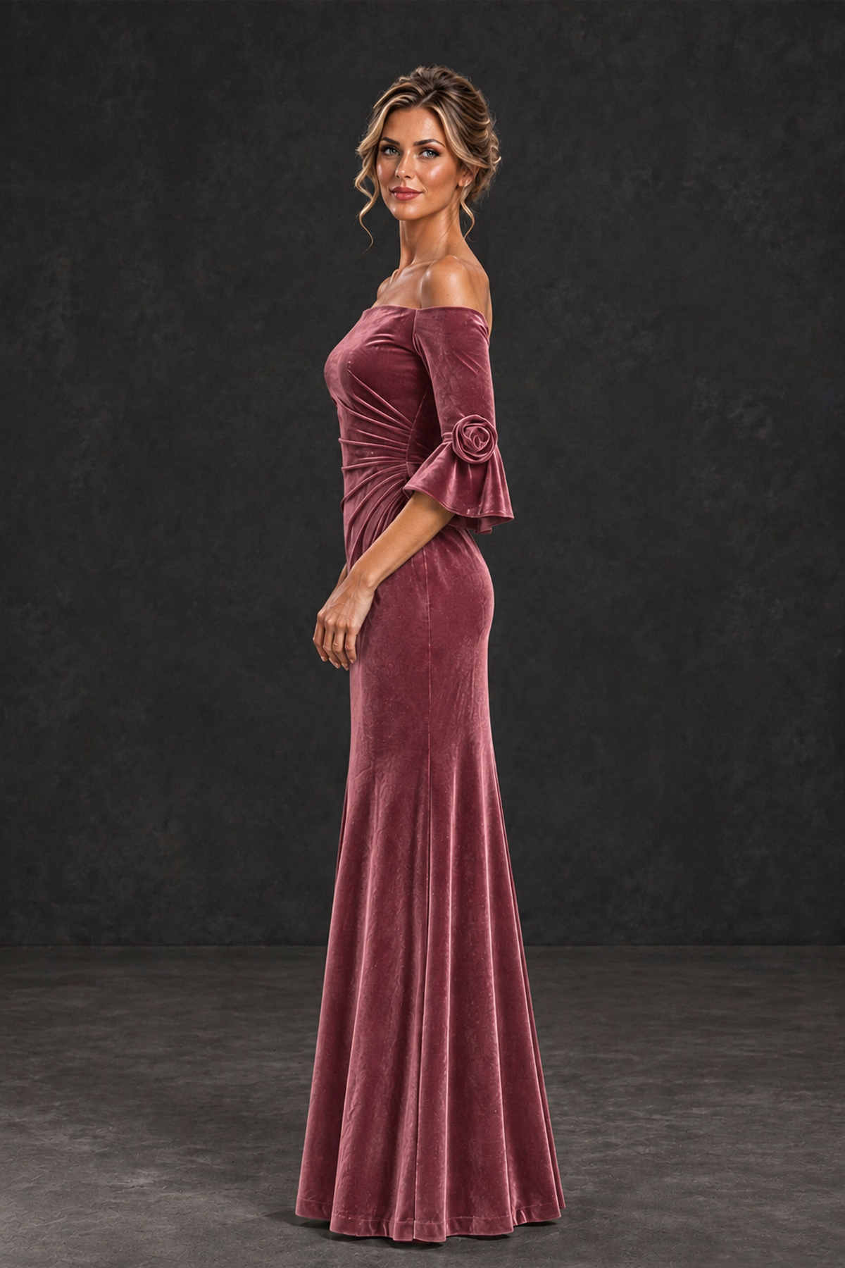 BOLODOO Desert Rose Velvet Off-Shoulder Mother of the Bride Dress – 3/4 Floral Cuff Sleeve Mermaid Evening Gown - Desert Rose - Desert Rose_3