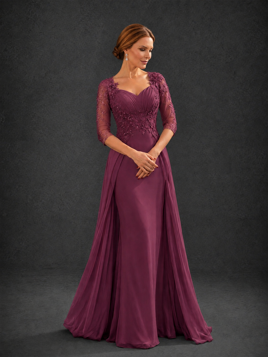 BOLODOO Desert Rose Sweetheart Neck 3/4 Sleeve Floral Lace Illusion Bodice Chiffon A-Line Gown - Desert Rose