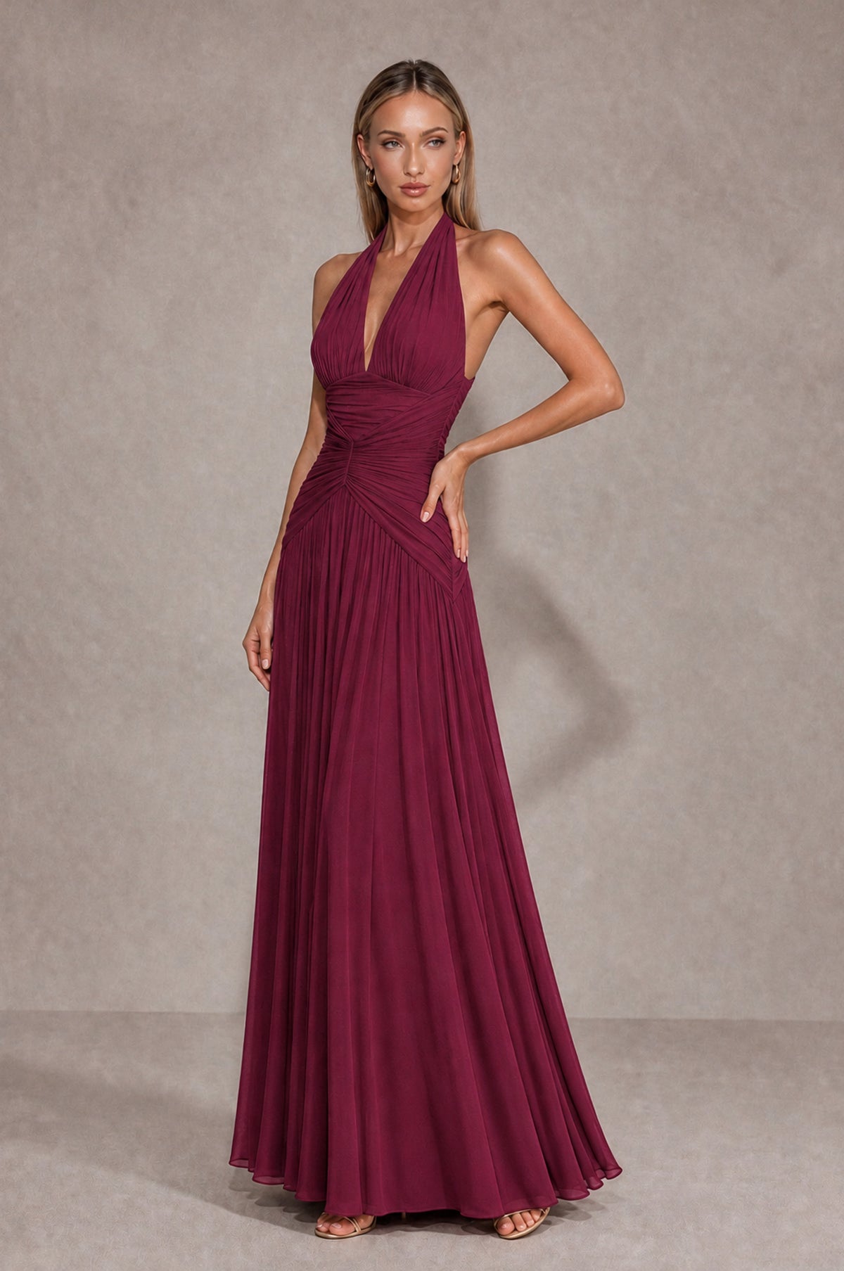BOLODOO Desert Rose Chiffon Halter Deep V-Neck Ruched A-Line Backless Maxi Dress with Train-BD0167 - Desert Rose - Desert Rose_3