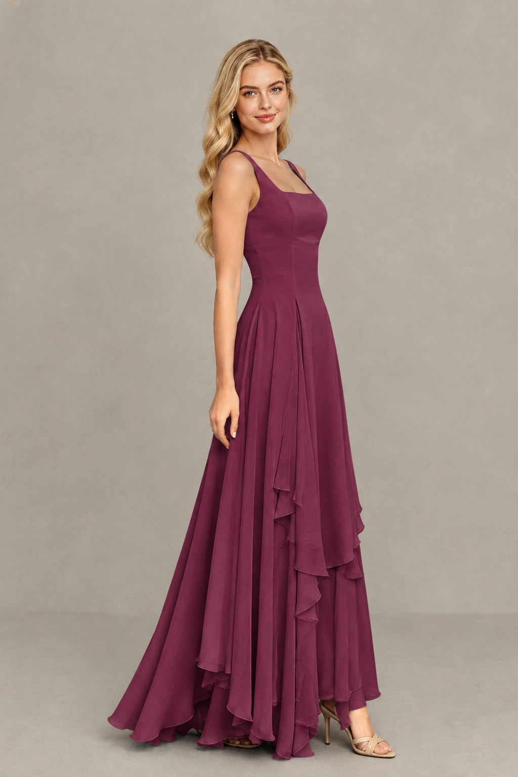 BOLODOO Desert Rose Square Neck Chiffon Bridesmaid Dress with Lace-Up Back - Desert Rose