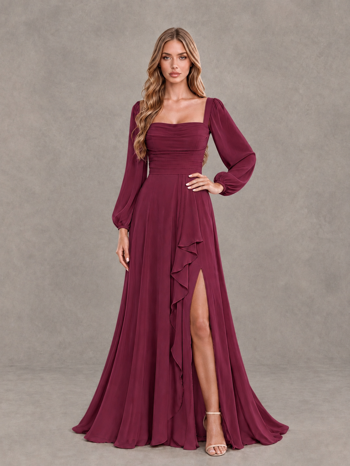 BOLODOO Desert Rose Square Neck Long Sleeve Bridesmaid Dress with Ruffle Slit - Desert Rose - Desert Rose_3