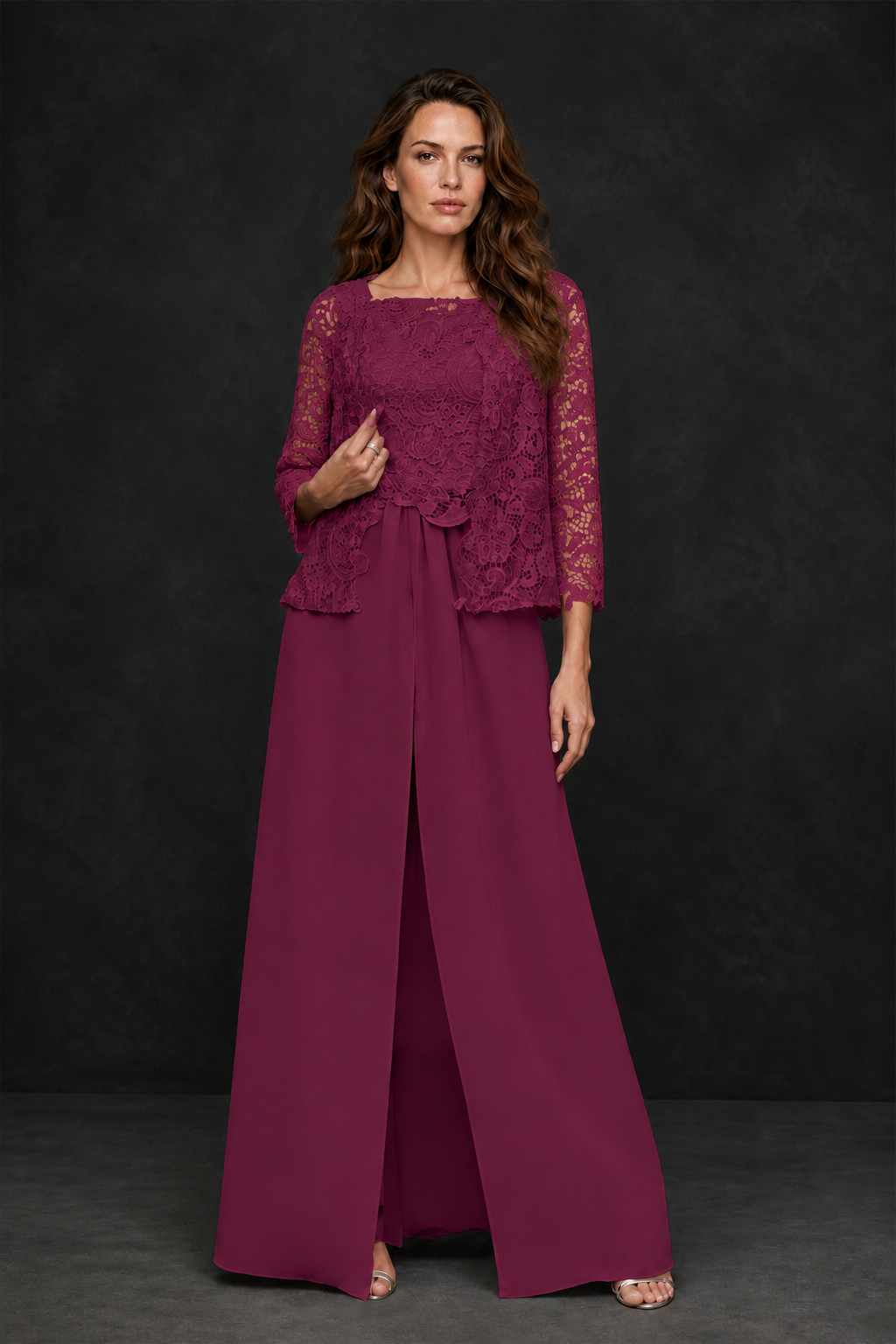 BOLODOO Desert Rose Grey Lace Peplum Top & Wide-Leg Chiffon Pants Set | Mother of the Bride & Formal Evening Outfit - Desert Rose