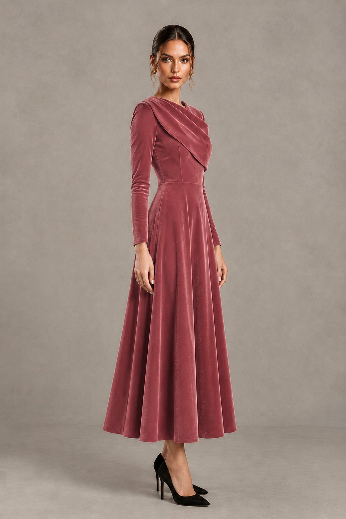 BOLODOO Desert Rose Velvet-Look Long Sleeve Tea-Length A-Line Dress with Draped Neckline - Desert Rose - Desert Rose_3