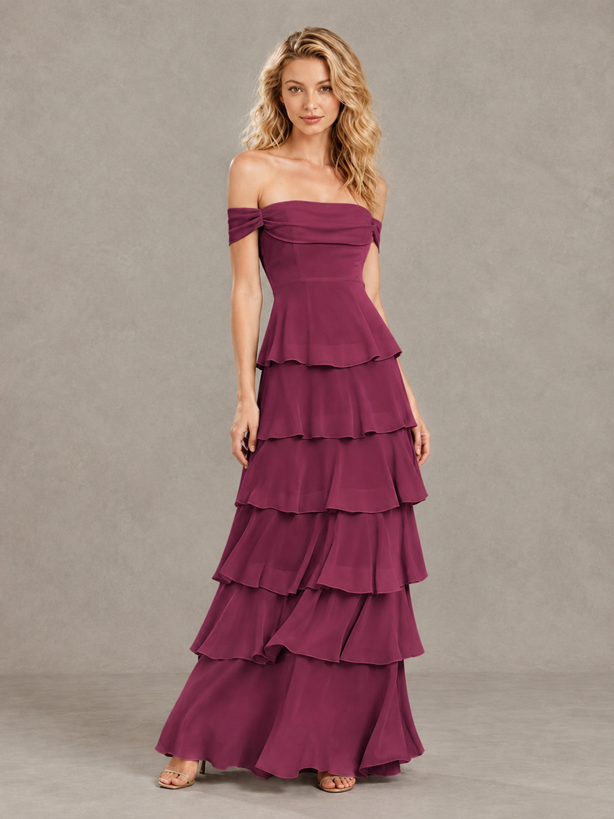 BOLODOO Desert Rose Off-Shoulder Tiered Ruffle Bridesmaid Dress with Lace-Up Back - Desert Rose - Desert Rose_3