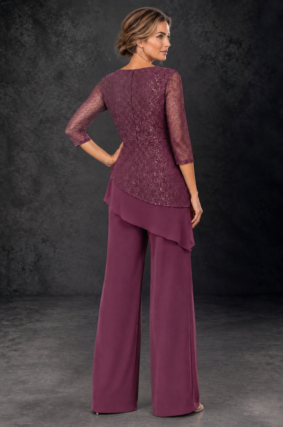 BOLODOO Desert Rose Sequin Lace 3/4 Sleeve Chiffon Mother of the Bride Pant Suit - Desert Rose - Desert_Rose_3