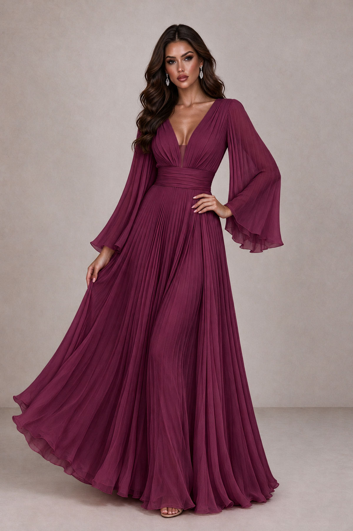 BOLODOO Desert Rose Pleated Deep V-Neck Long Bell Sleeve Evening Dress - Desert Rose - Desert_Rose_3