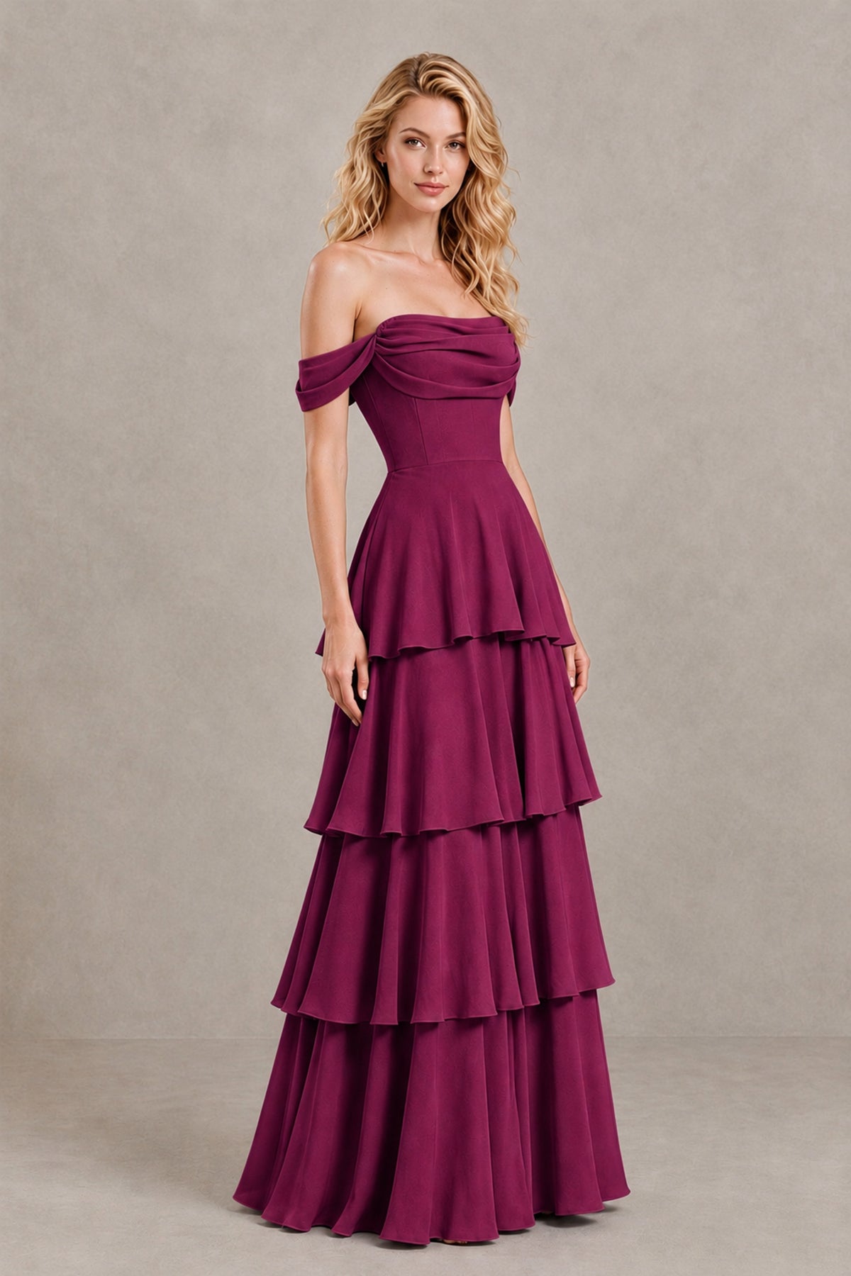 BOLODOO Desert Rose Off-the-Shoulder Tiered A-Line Evening Bridesmaid Dress - Desert Rose - Desert Rose_3