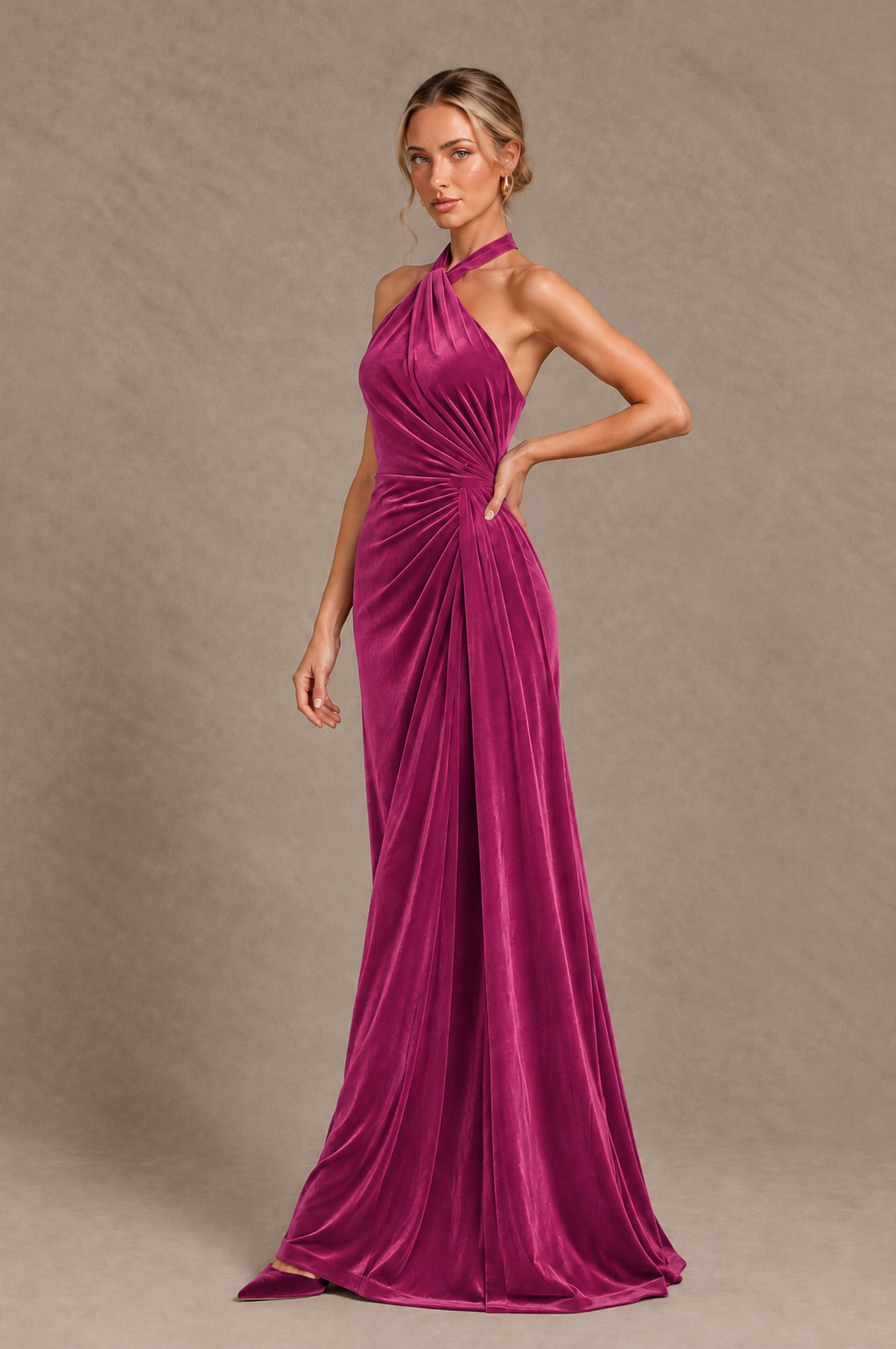 BOLODOO Desert Rose Velvet Halter Open-Back Ruched Evening Dress - Desert Rose - Desert_Rose_3