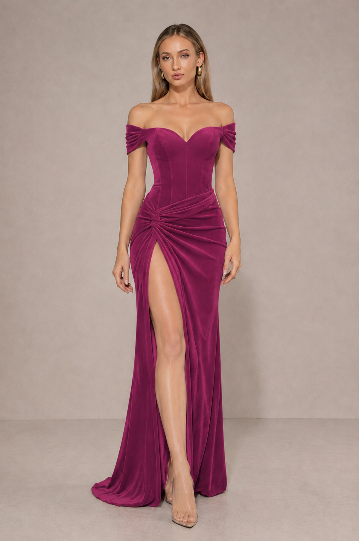 BOLODOO Desert Rose Velvet Off-Shoulder Ruched High Slit Evening Dress - Desert Rose - Desert_Rose_3