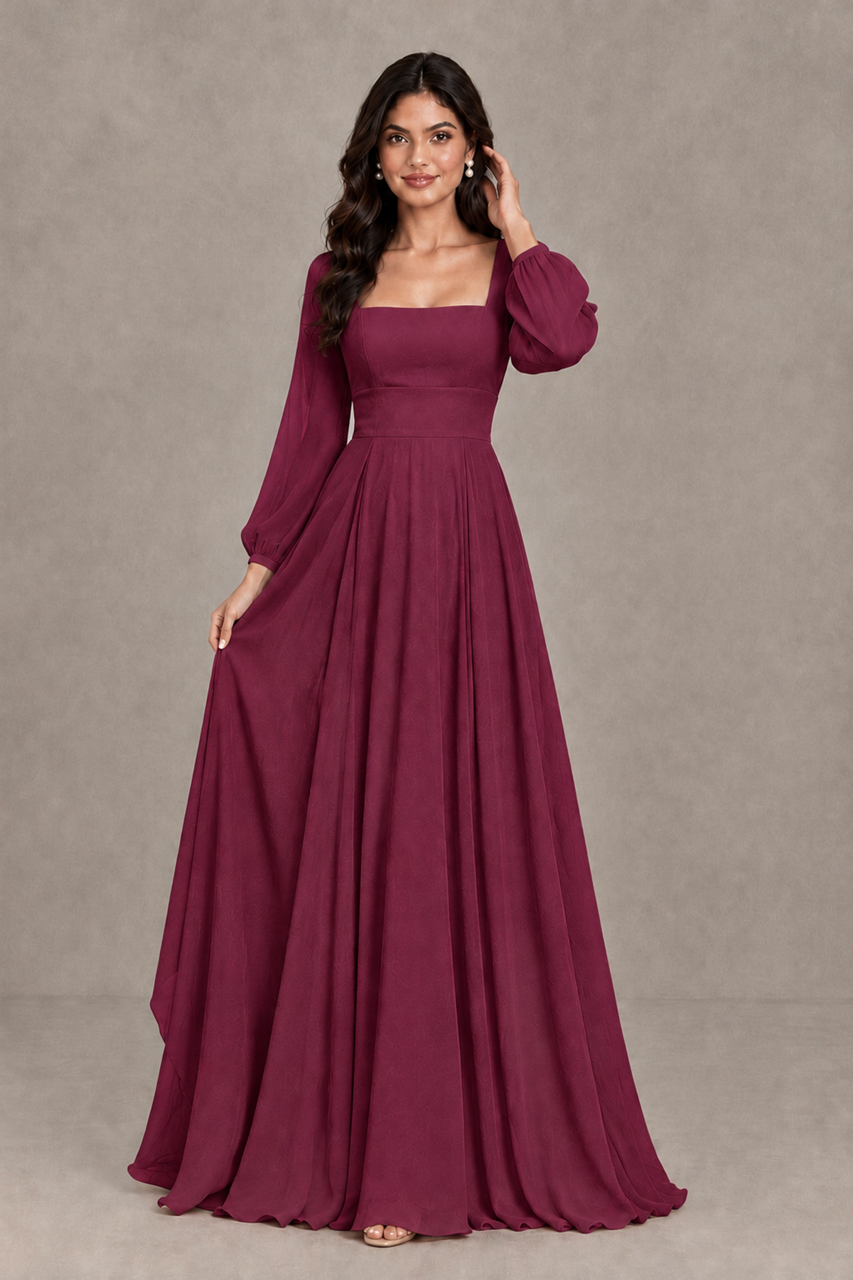 BOLODOO Desert Rose Square Neck Long Sleeve A-Line Bridesmaid Dress - Desert Rose - Desert Rose_3
