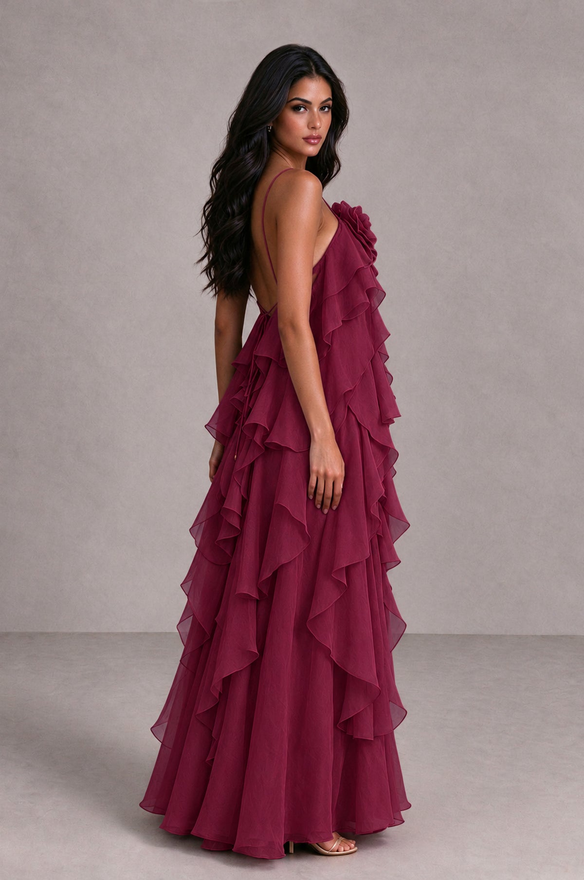 BOLODOO Desert Rose Cascading Ruffle Rosette Open-Back Maxi Dress - Desert Rose - Desert Rose_3