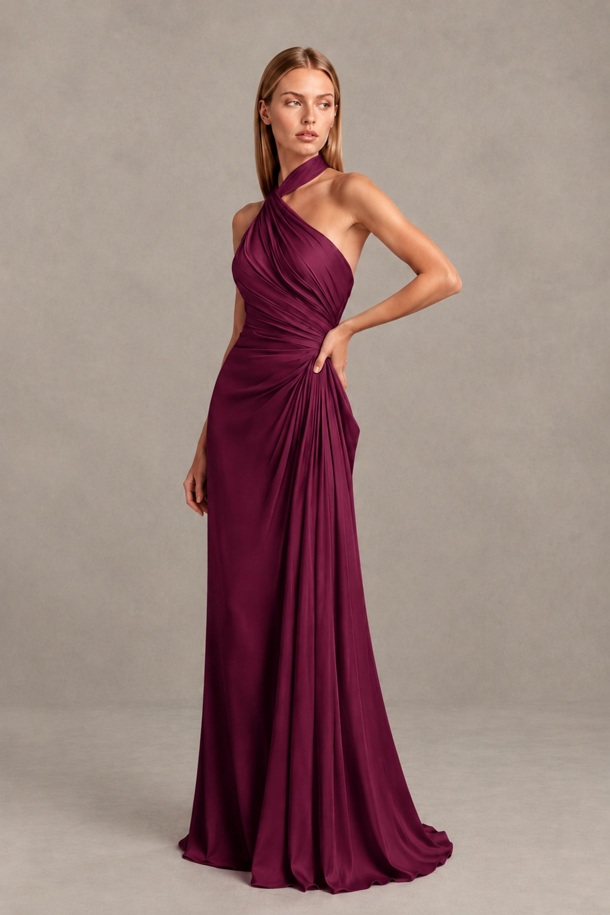 BOLODOO Desert Rose Twisted Halter Neck Ruched Sleeveless Open Back Floor-Length Gown - Desert Rose - Desert_Rose_3