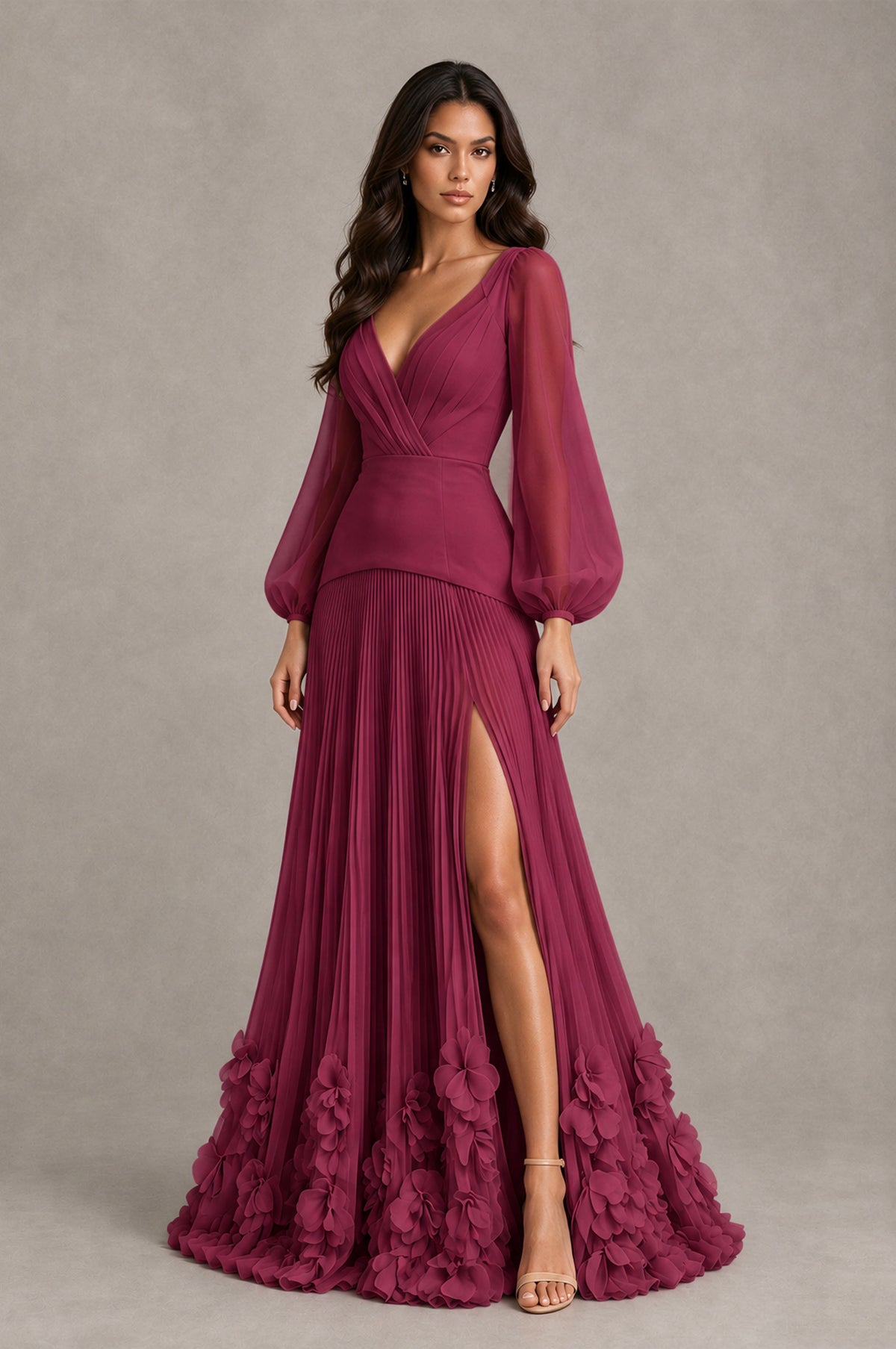 BOLODOO Desert Rose V-Neck Long Sleeve Pleated Floral Hem Evening Dress - Desert Rose - Desert Rose_3