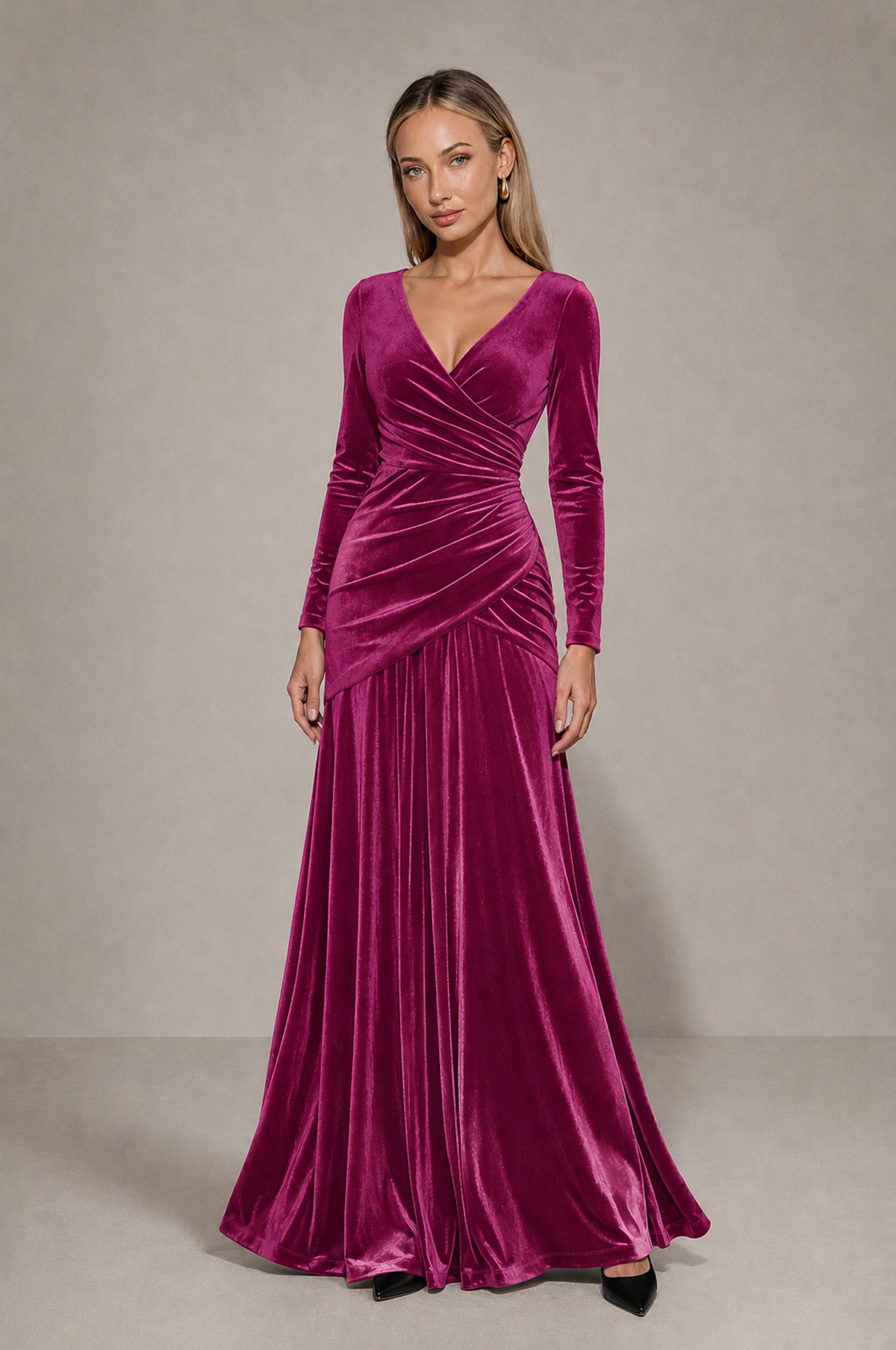 BOLODOO Desert Rose Velvet Long Sleeve V-Neck Ruched Evening Dress - Desert Rose - Desert_Rose_3