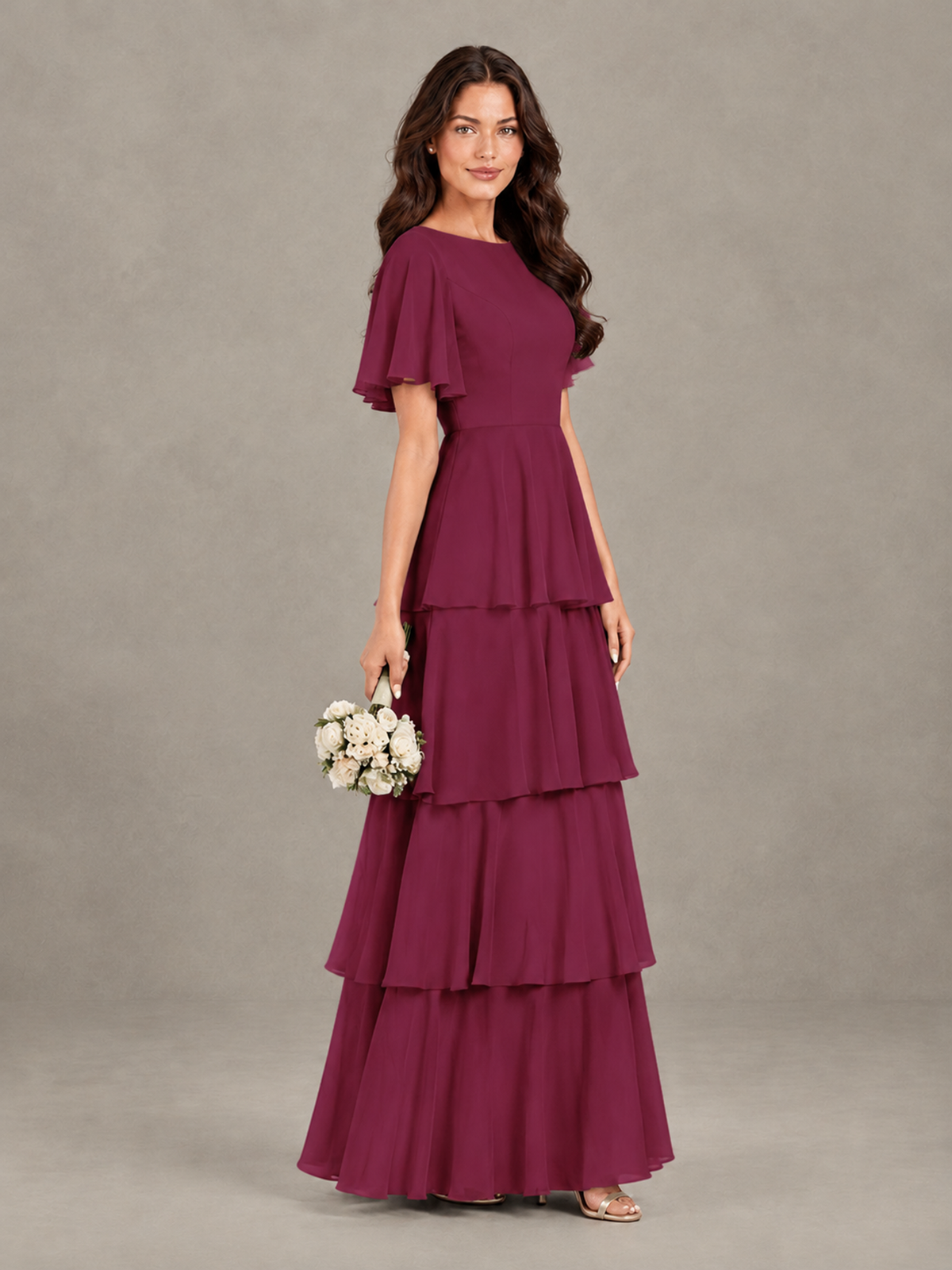 BOLODOO Desert Rose Tiered Flutter Sleeve Bridesmaid Dress - Desert Rose - Desert Rose_3