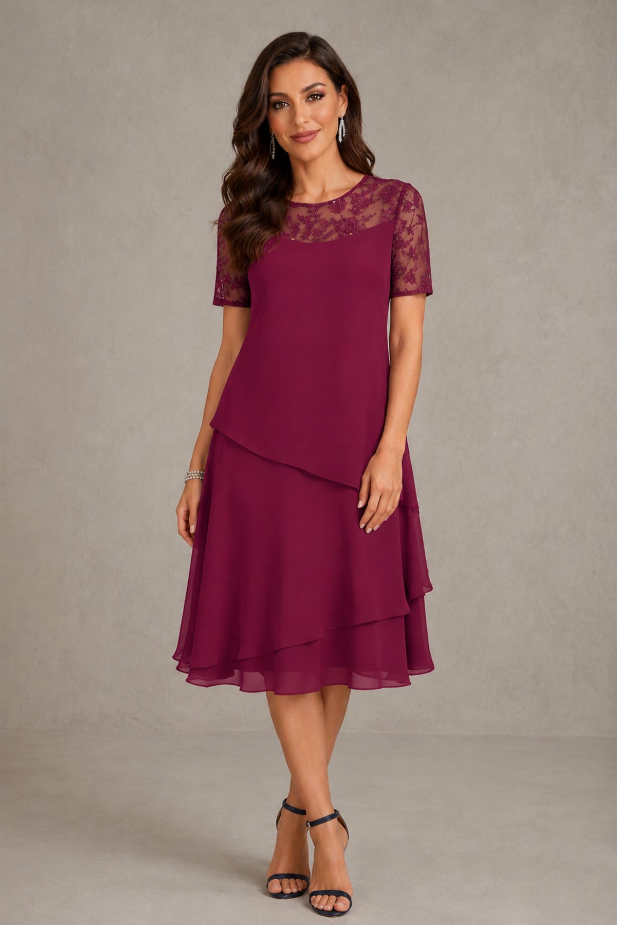 BOLODOO Desert Rose Illusion Lace Short Sleeve Tiered Chiffon Tea Length Dress | Mother of the Bride Midi Dress - Desert Rose