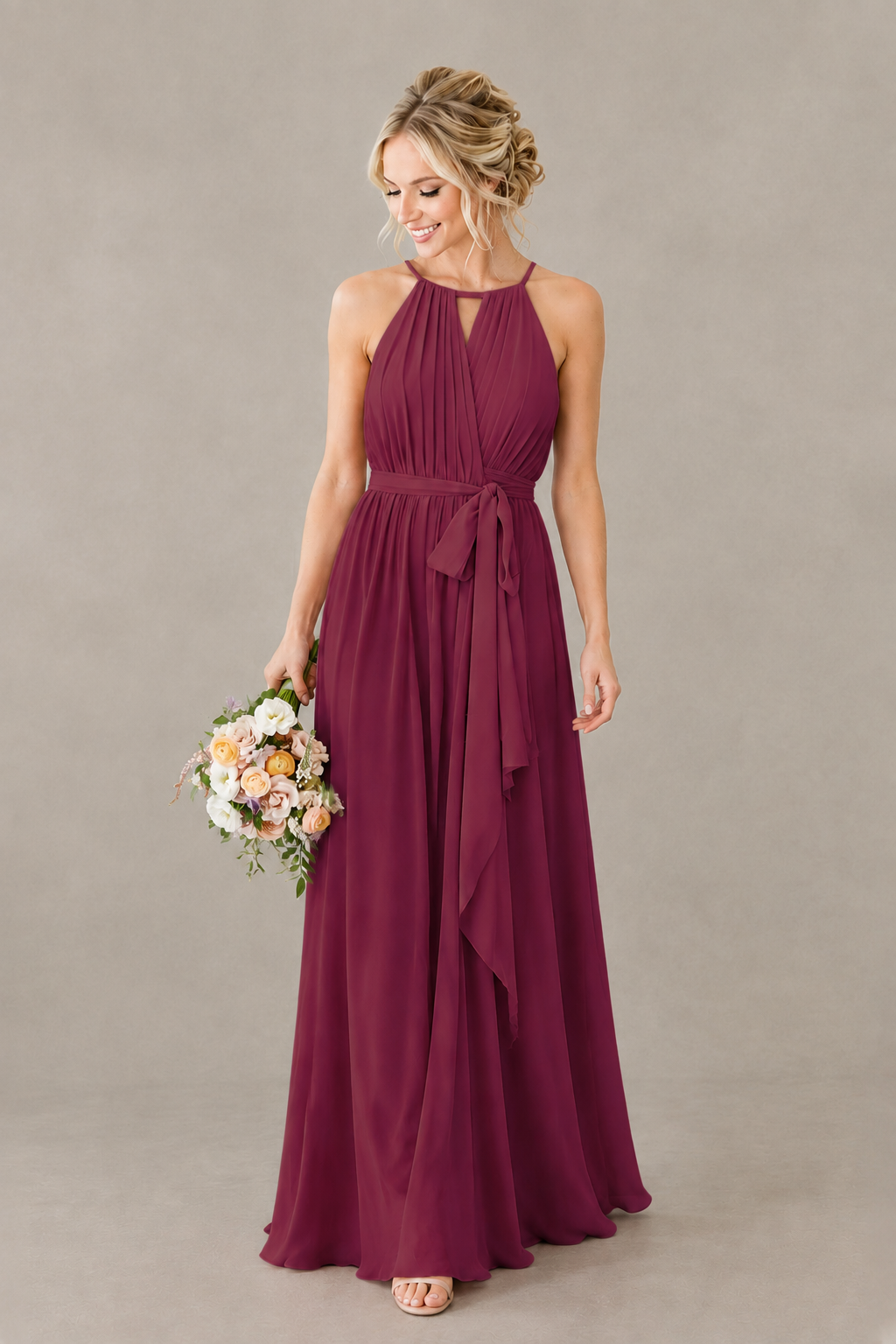 BOLODOO Desert Rose Halter Chiffon Bridesmaid Dress with High Slit - Desert Rose